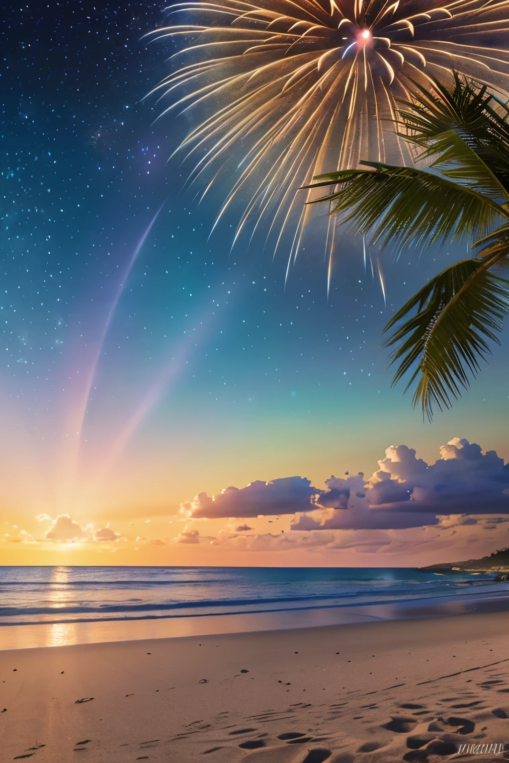 Fireworks landscape, starry night sunset on a beach, art station, soft pastel colours, highly detailed, intricate, path tracing, illustration, insanely detailed, shadow mapping volumetric light, specular lighting