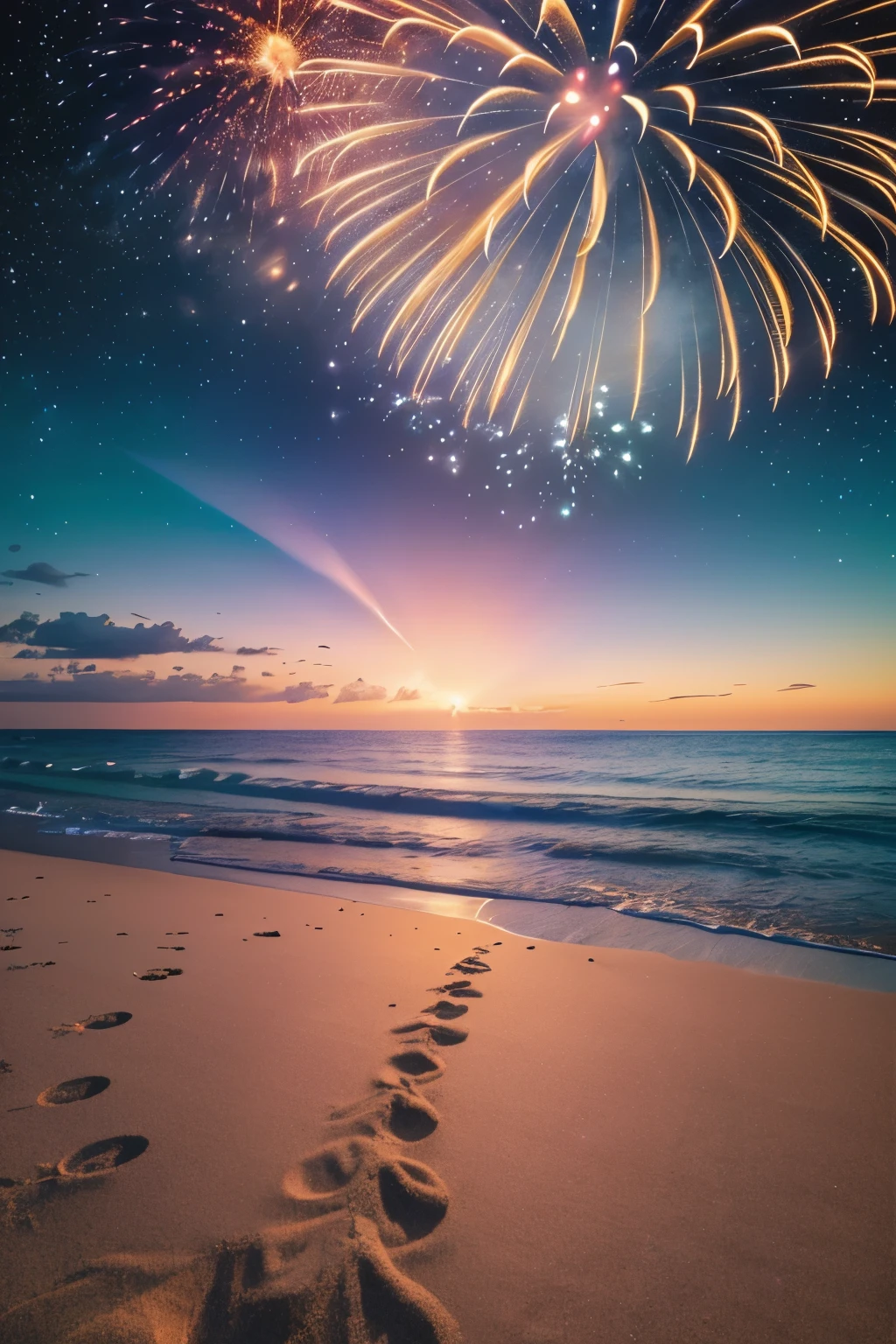 Fireworks landscape, starry night sunset on a beach, art station, soft pastel colours, highly detailed, intricate, path tracing, illustration, insanely detailed, shadow mapping volumetric light, specular lighting
