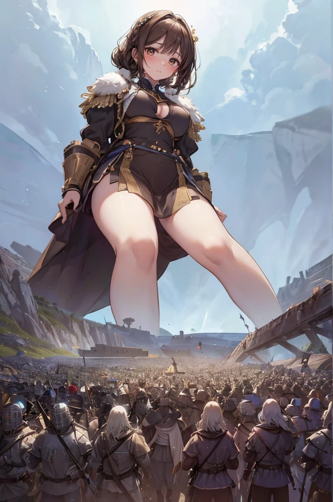 (medieval army:1.3), (simple mountain landscape background: 1.1), (hills:1.3), cliffs, (crowd of knights: 1.3), (from sky view: 1.3), mountains, simple background, (height_difference:1.8), (size_difference:1.5), (giantess:1.5), (foreshortening: 1.1), (adult woman: 1.4), (commoner clothes), , (girl on a cliff rear view: 1.3), (rear view: 1.3), professionally drawn, (huge breasts), (cleavage sweat), (anime drawing:1.1), (simple bold lines: 1.1), (anime:1.1), (very cute anime girl), (bright), (low contrast), (prettiest teenage girl), (mature face: 1.4), (tall girl with big breasts: 1.2), (crowds of armies: 1.6), cameltoe, (brown skinned: 1.3)