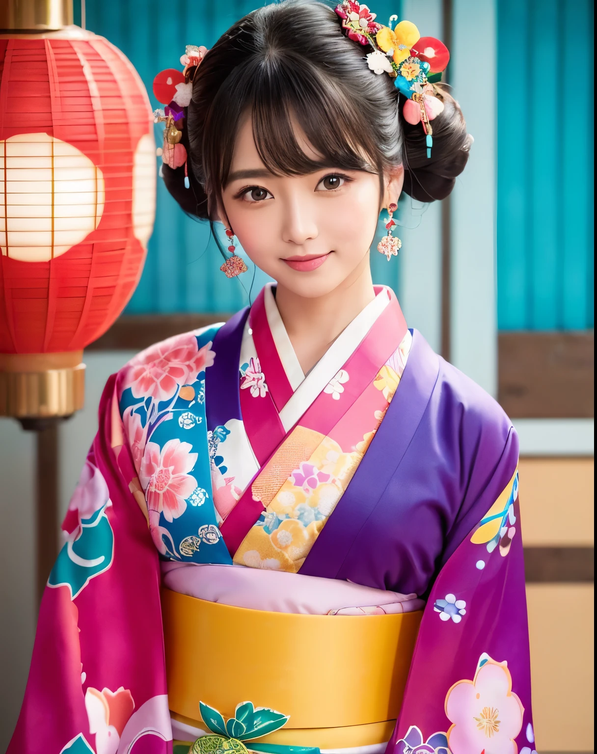 (celebration of the New Year in a vibrant kimono:1.4),  (adorable and cute kimono embellished with lively hues:1.4), (festive and colorful pop-themed atmosphere:1.3),(effortlessly chic hairstyle:1.4),  
break, (captivating beauty of Japanese landscapes:1.3), (clear and sunny day enhancing the scenery:1.2),  (joyous and lively ambiance of New Year's festivities:1.2), (whimsical pops of color adding to the charm:1.1), (serene beauty of Japan under the clear skies:1.2), (festive kimono radiating happiness and vibrancy:1.3), (colorful pops capturing the essence of celebration:1.2), (vivid hues complementing the traditional beauty:1.1), (immersed in the enchanting blend of tradition and celebration:1.2), (scenic beauty of a clear day in the heart of New Year's festivities:1.1), (blending the beauty of nature with the liveliness of celebration:1.2),