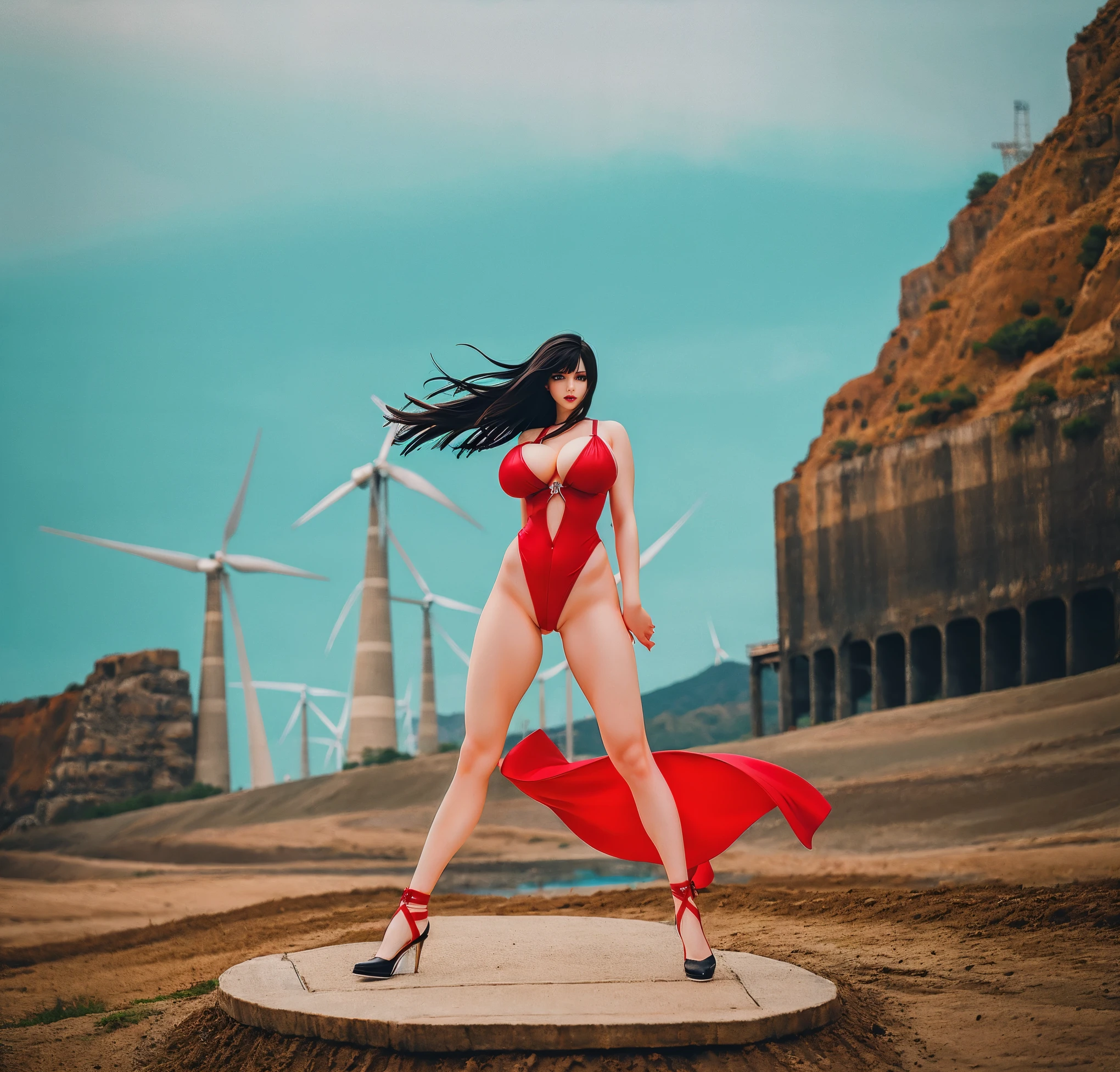 ​masterpiece、Colossal tits、Curve,Beautiful black hair long girl,Full body、Colossal tits、((wind power plant))、(mare)