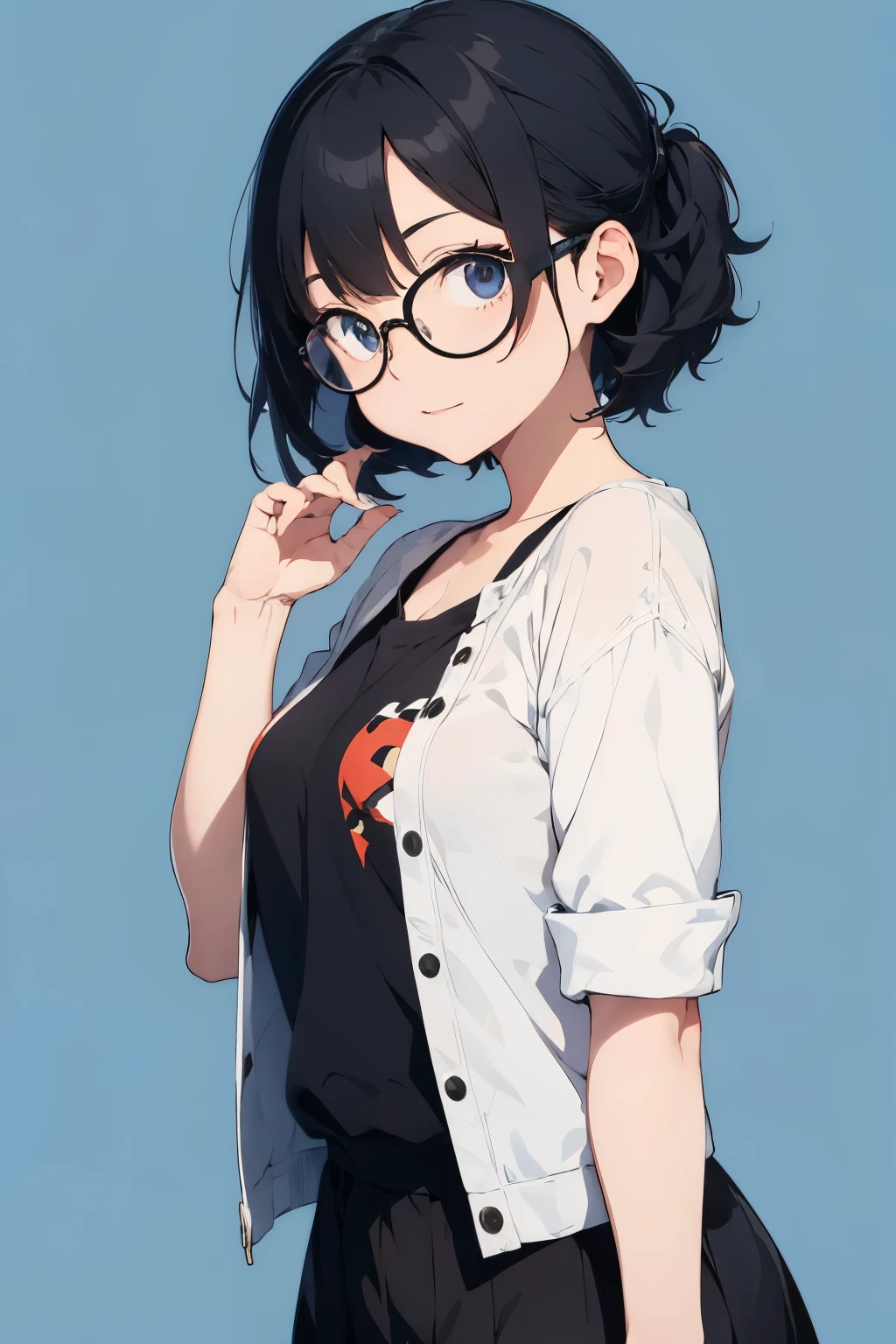 Anime girl with black hair and circle glasses happy with blue background black eyes