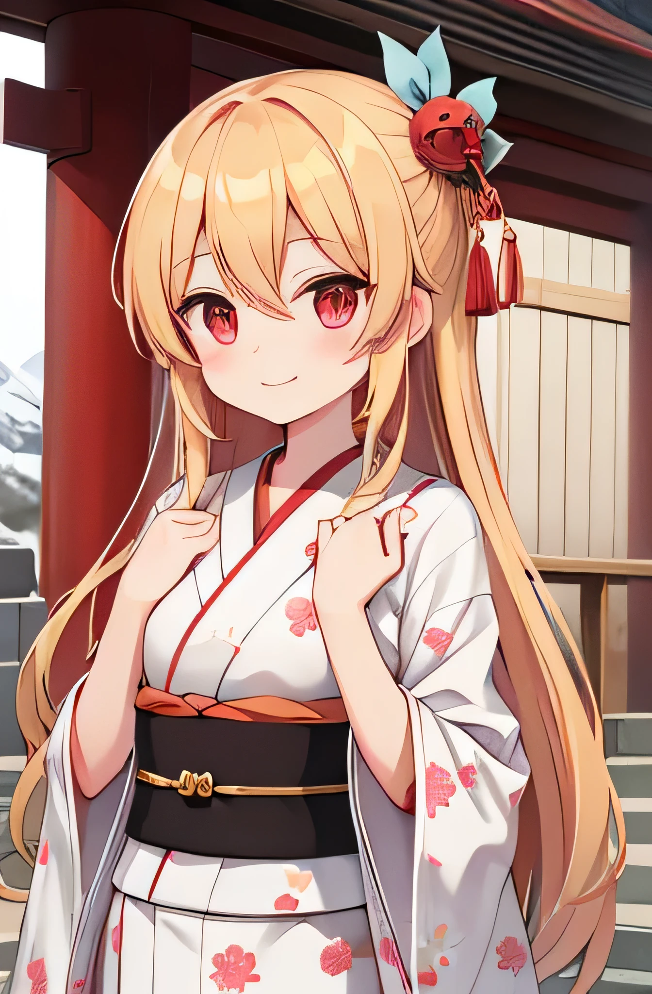 Ichigo Hoshimiya,Red Eyes,blond,Smile,Kimono,shrines,Snow,