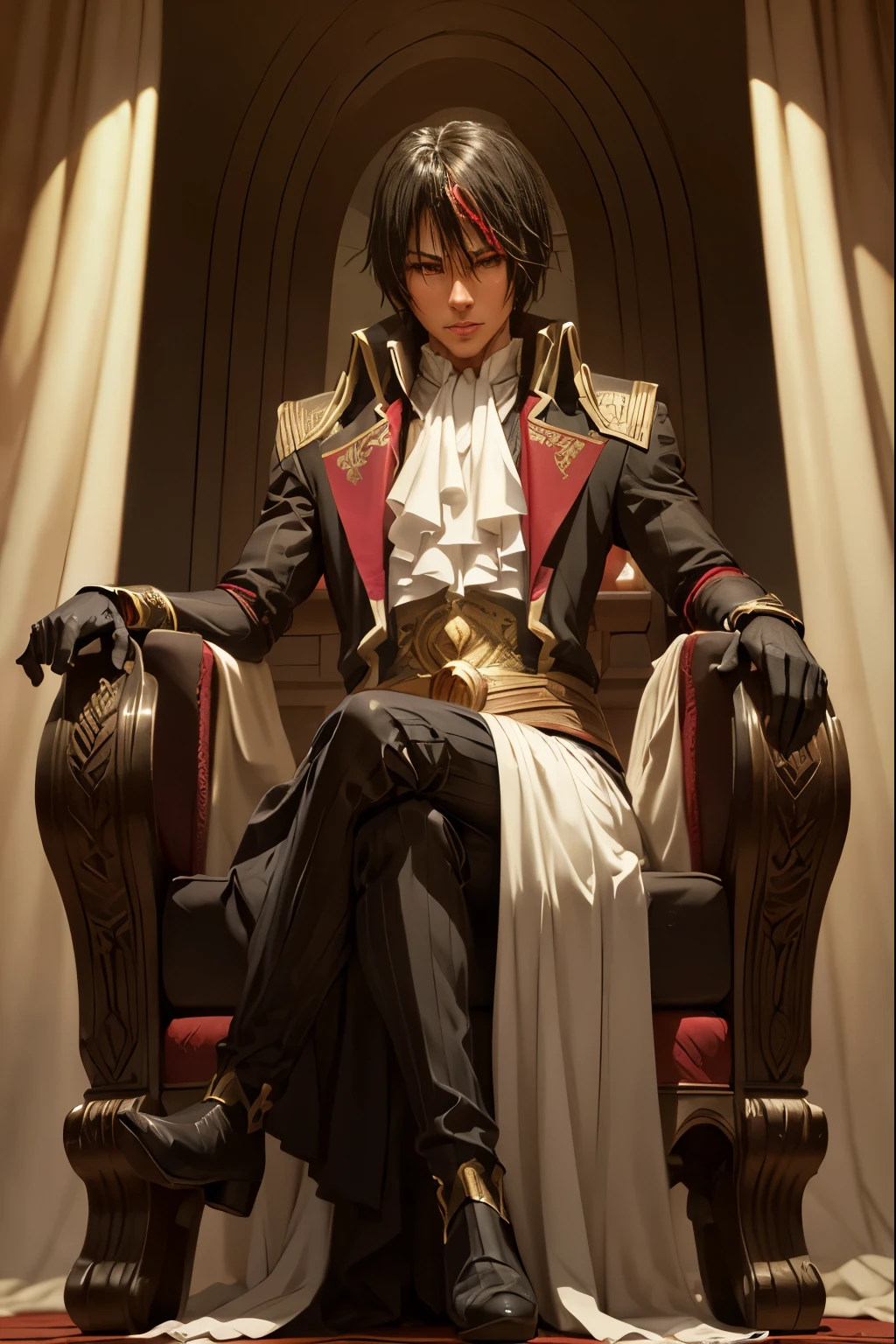 Diablo, detailed eyes, detailed face, detailed clothes, detailed black hair with red and golden line in front,  inside a palace, on a throne, sitting on a throne, character from a novel,