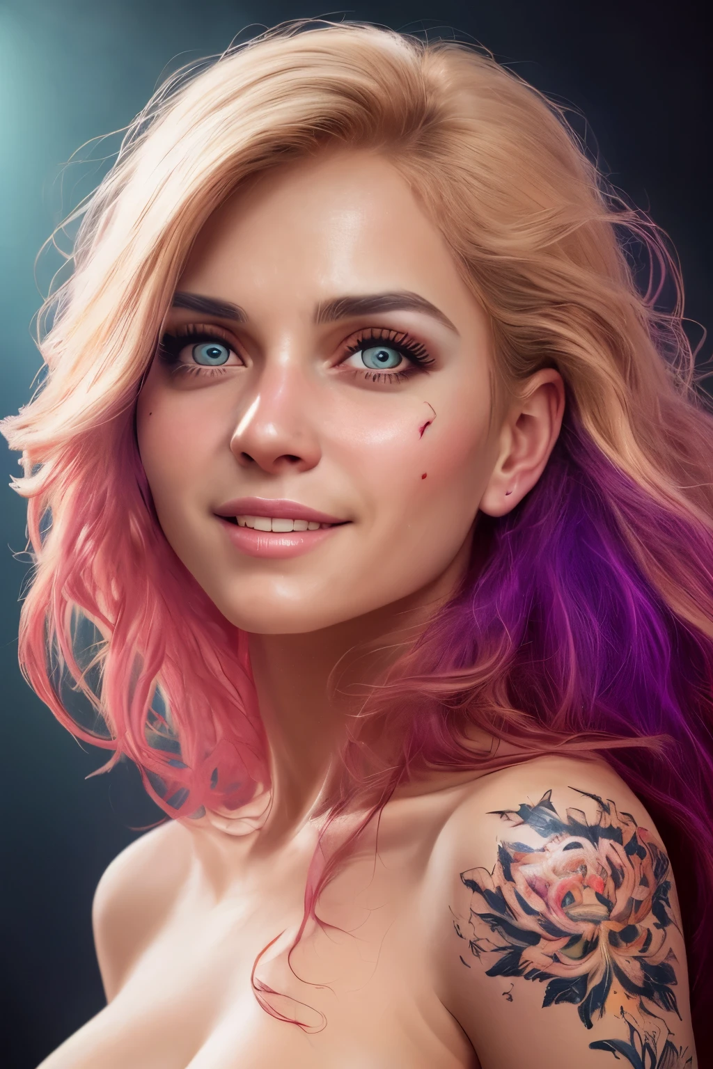 (best quality, highres, ultra-detailed:1.2), realistic,
portrait, woman, posing, unique photo, body art, vibrant colors,
expressive eyes, captivating smile, flowing hair, confident posture,
intense gaze, creative lighting, harmonious composition