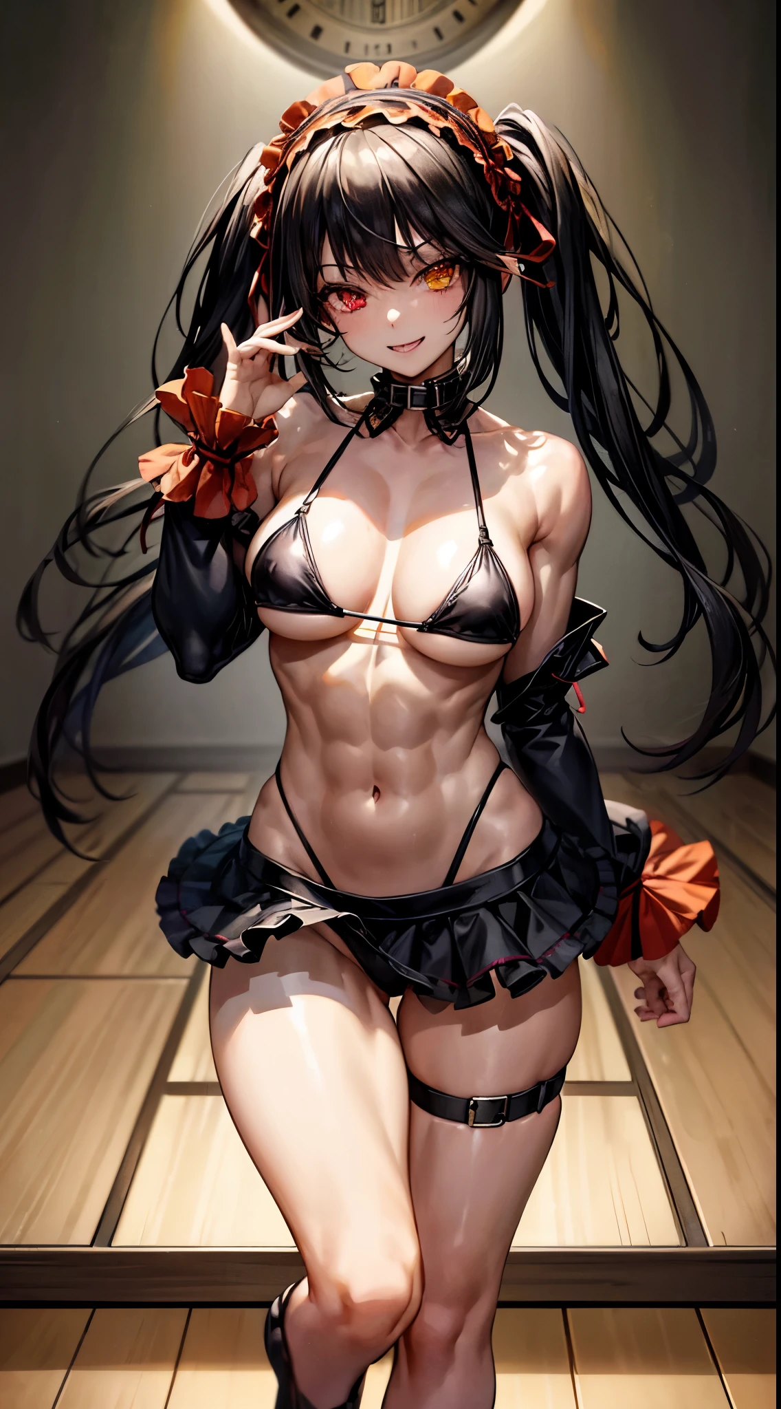 1 girl, bare shoulders, black hair, medium , (muscular legs), (bare legs), muscular belly, wide hips, thin waist, (((clock eyes))), (wearing a very short and sexy bii) , (((in the motel room))), giant clock on the wall, full body, hair band, (standing looking at me sensually), (((perfect hands))), perfect fingers, perfect nails, black nails , heterochromia, black high-heeled shoes, lolita hai long hair, red eyes, mischievous smile, cunning look, alone, symbol-shaped pupils, (Kurumi tokisaki), (twintails), yellow eyes,
