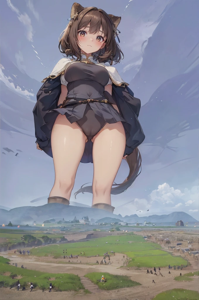 (medieval army:1.3), (simple mountain landscape background: 1.1), (hills:1.3), cliffs, (crowd of knights: 1.3), (from sky view: 1.3), mountains, simple background, (height_difference:1.8), (size_difference:1.5), (giantess:1.5), (foreshortening: 1.1), (adult woman: 1.4), (commoner clothes), , (girl on a cliff rear view: 1.3), (rear view: 1.3), professionally drawn, (huge breasts), (cleavage sweat), (anime drawing:1.1), (simple bold lines: 1.1), (anime:1.1), (very cute anime girl), (bright), (low contrast), (prettiest age girl), (mature face: 1.4), (tall girl with big breasts: 1.2), (crowds of armies: 1.6), cameltoe, (brown skinned: 1.3)