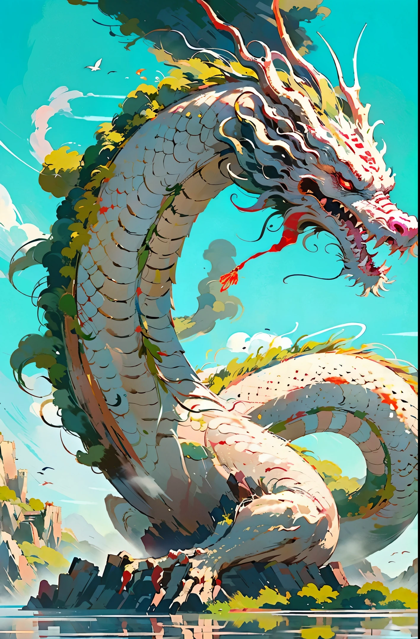 best qualtiy, tmasterpiece, 超A high resolution, naked alien, (long to: 1.2), Skysky, red eyes, 云, scout, dark eastern dragon, with her mouth open, Dentes Pontiagudry, banya, 牙, daysies, pawan with claws, chinese dragon in the blue sky、grope、mountain water、scout、honorable、strength、plateau、Traditional pattern、