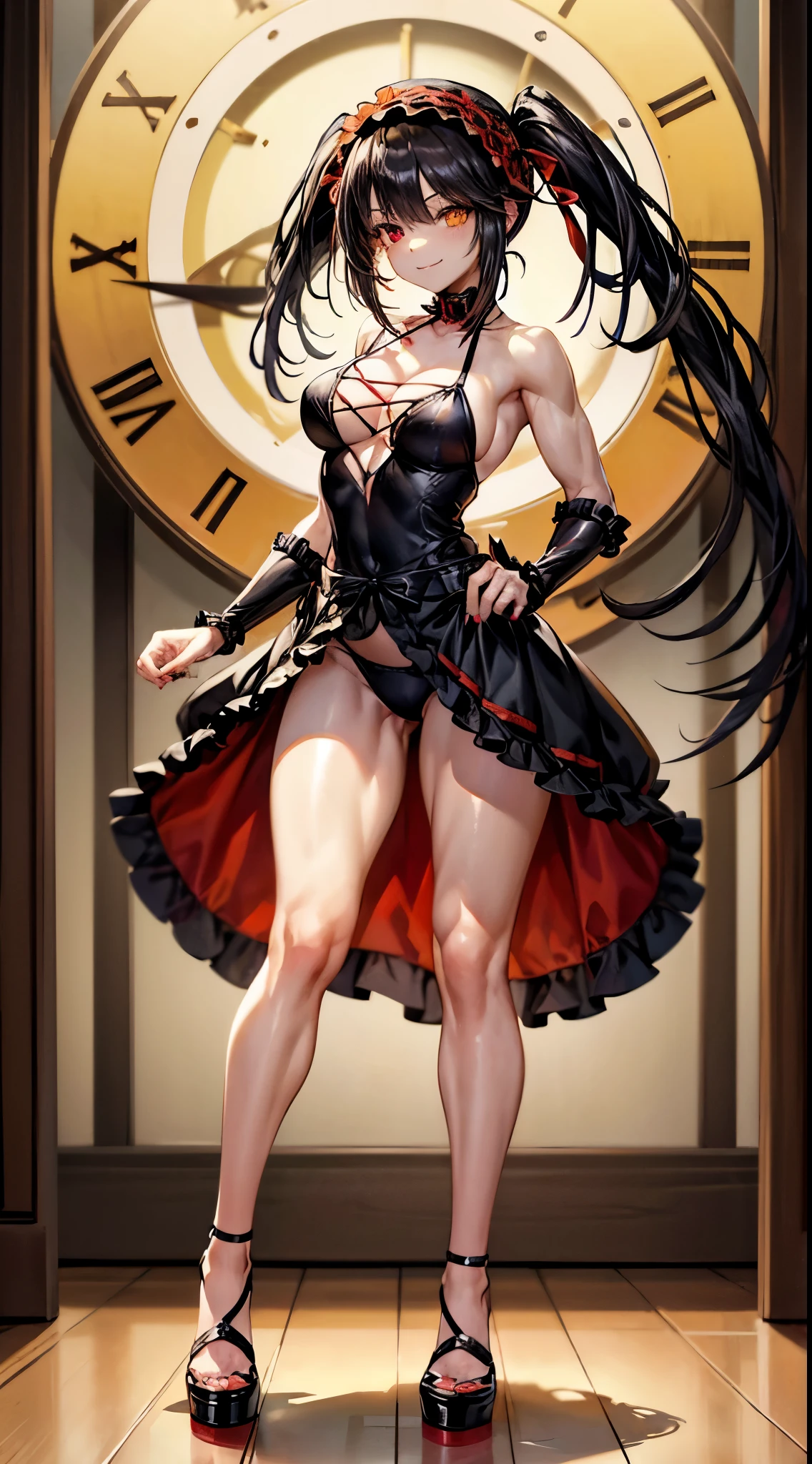 1 girl, bare shoulders, black hair, medium breasts, (muscular legs), (bare legs), muscular belly, wide hips, thin waist, (((clock eyes))), (wearing a very short and sexy bikini) , (((in the motel room))), giant clock on the wall, full body, hair band, (standing looking at me sensually), (((perfect hands))), perfect fingers, perfect nails, black nails , heterochromia, black high-heeled shoes, lolita hairband, long hair, red eyes, mischievous smile, cunning look, alone, symbol-shaped pupils, (Kurumi tokisaki), (twintails), yellow eyes,