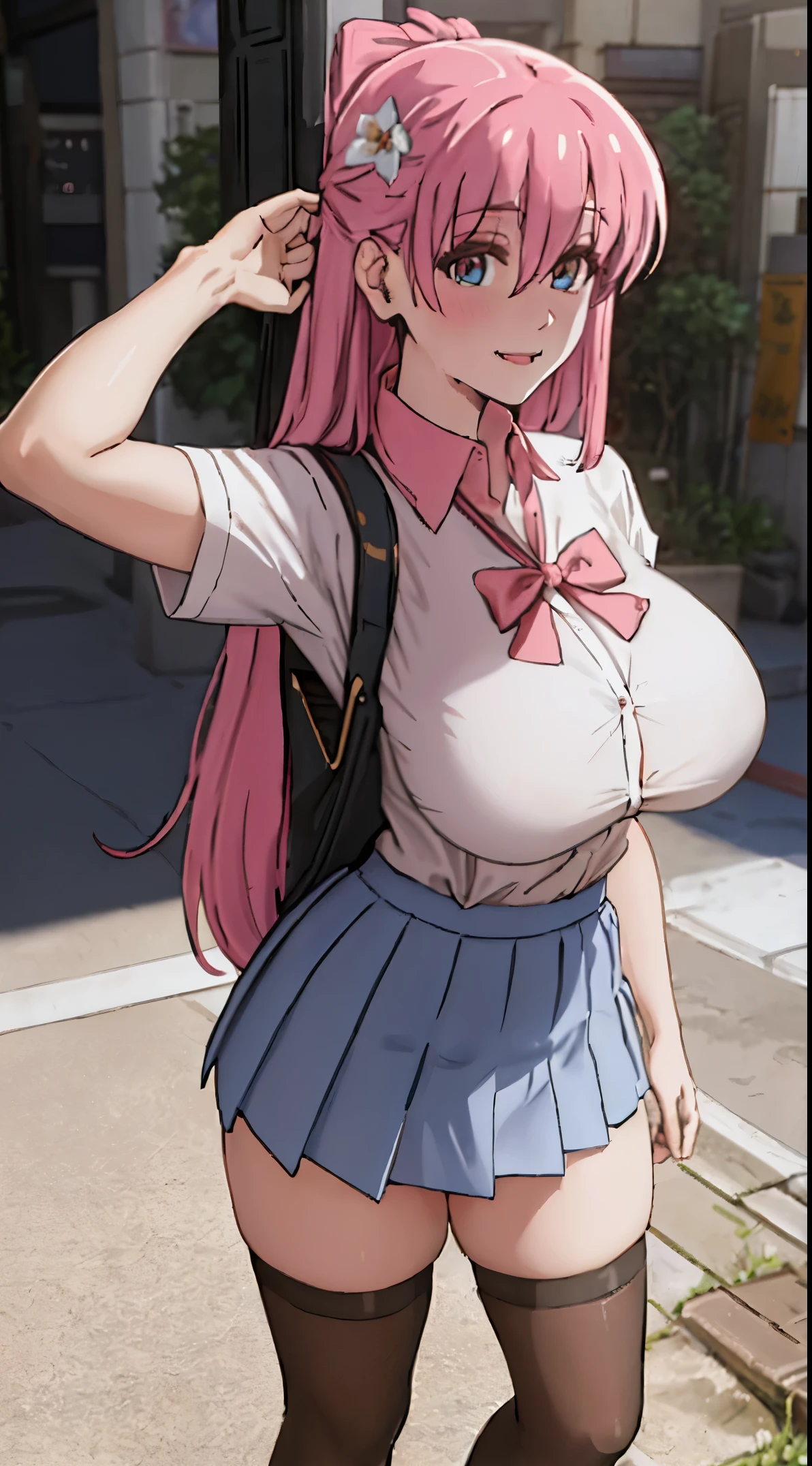 (full body view) (from from side)One beautiful girl bent forward, an ultra-realistic beauty, legs in different directions, school uniform, short skirt, short sleeve shirt, white shirt school uniform, long hair, Spicy pose, a slight smile, trappings, flower in the hair, stockings, Background, VLOP and Sakimichan, ross tran 8 k, Maximum detail of the genitals, Maximum breast detail, Maximum facial detail, realistic eyes, realistic Nose, Realistic smile, Ultra Detail, huge breast, huge_breasts, huge_breasts, huge_breasts, thicc, panty, very short skirt, hot, sexy, mature, ecchi