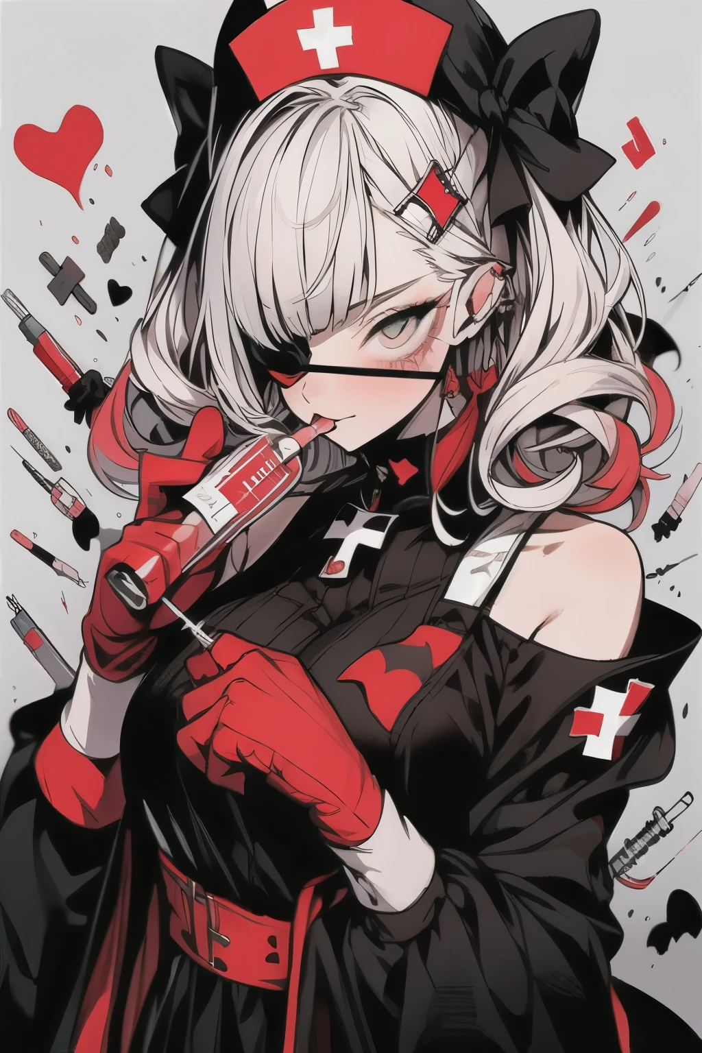 ta prostitute,Gorgeous dress,mitts,curlies,very intricate,Exquisite,shift dresses,Bow knot,frilld,ribbon,bandagens,Nurse style,Huge syringe,pill,Red Cross,Y2K,E-girls,Unilateral eye patch,Love decoration,subculture,Sick,bloods,laughingly,Avant-garde and innovative clothing design