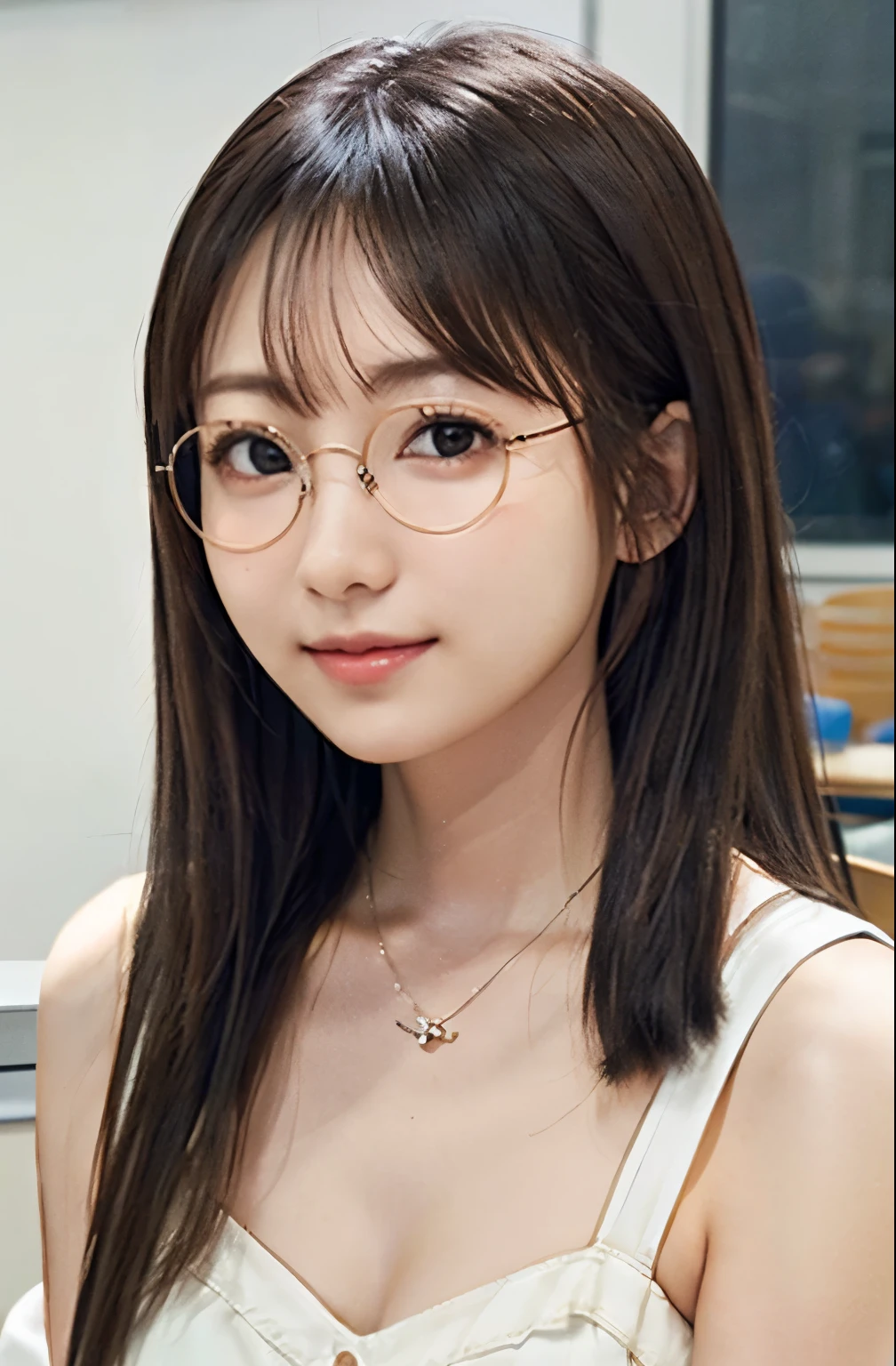 (8K、Raw photography、top-quality、tmasterpiece:1.2)、(hentail realism、Round glasses、Metal frame Grasaig chest、Photorealsitic:1.37)、ultra - detailed、超A high resolution、1 rapariga、Braids、see the beholder、beautifull detailed face、A smile、zoomed out、(Slim waist) :1.3)、beautiful in white summer clothes, 、Skin Texture、Floating hair、Braided hair、Professional Lighting、In the classroom、((black square glacier body zbian、Brown hair