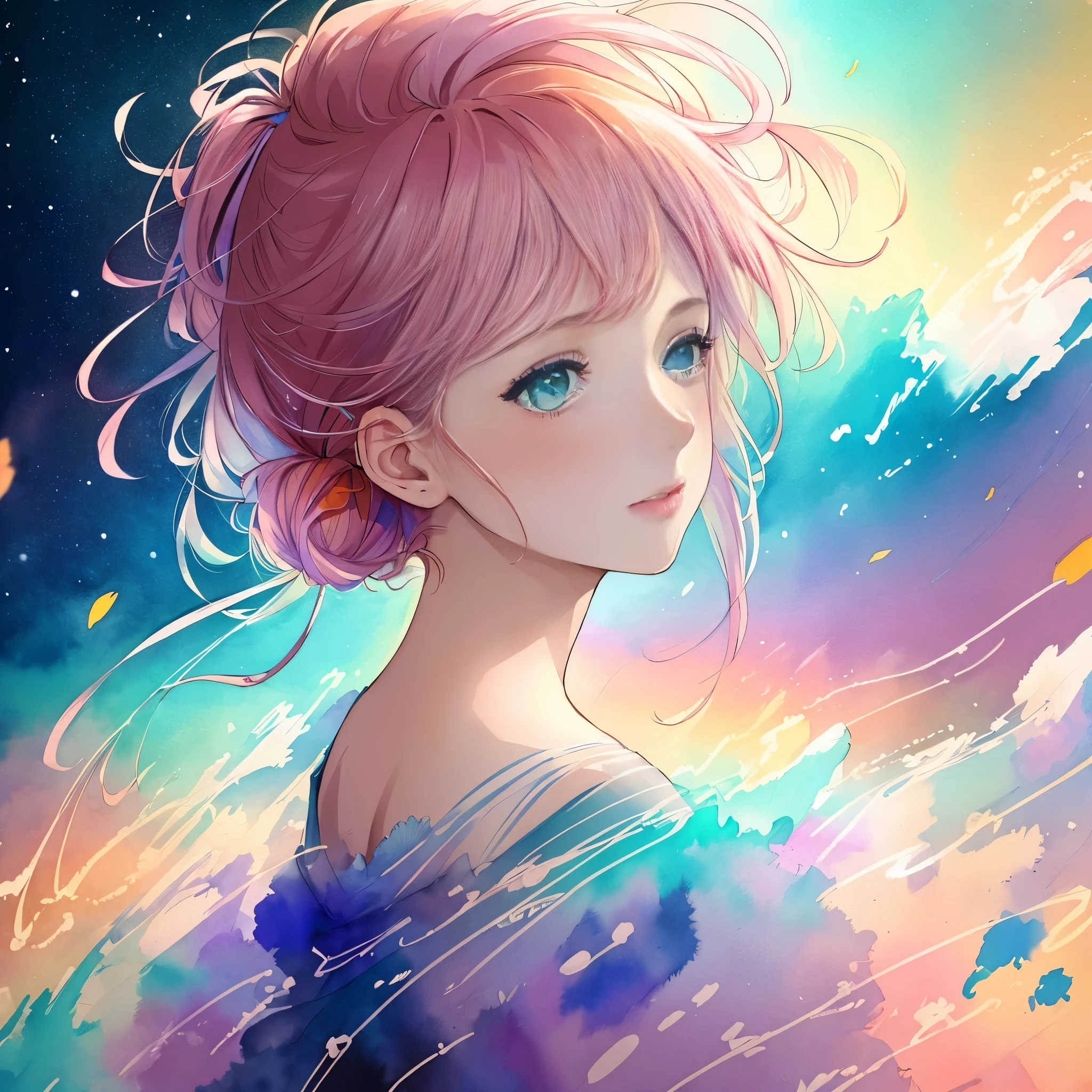 (8k, best quality, masterpiece:1.2),(best quality:1.0), (ultra highres:1.0), watercolor, a beautiful woman, shoulder, hair ribbons, by agnes cecile, half body portrait, extremely luminous bright design, pastel colors, (ink:1.3), autumn lights