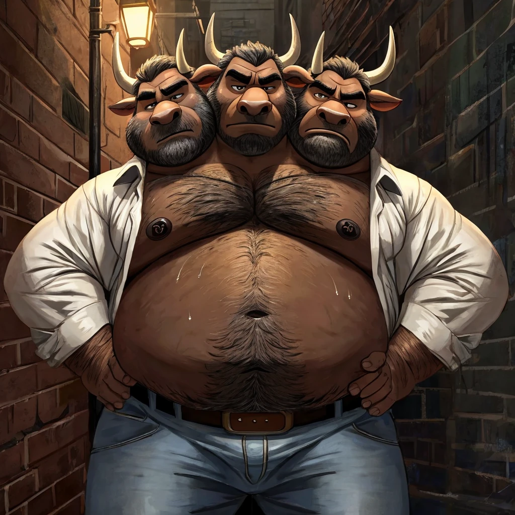 three heads one body, minotaur, grumpy, frowning, tired, annoyed, obese, fat, older male, old, dark alley background, streetlight, graffiti, anatomically correct eyes, button down shirt, jeans, belt, sweaty, hairy, gross, hands on hips, disgusting art style, masculine art style, Dreamworks style, Pixar art style, Disney art style, rugged art style, dirty art style, gray hair, eyes looking down, cheek to cheek, identical