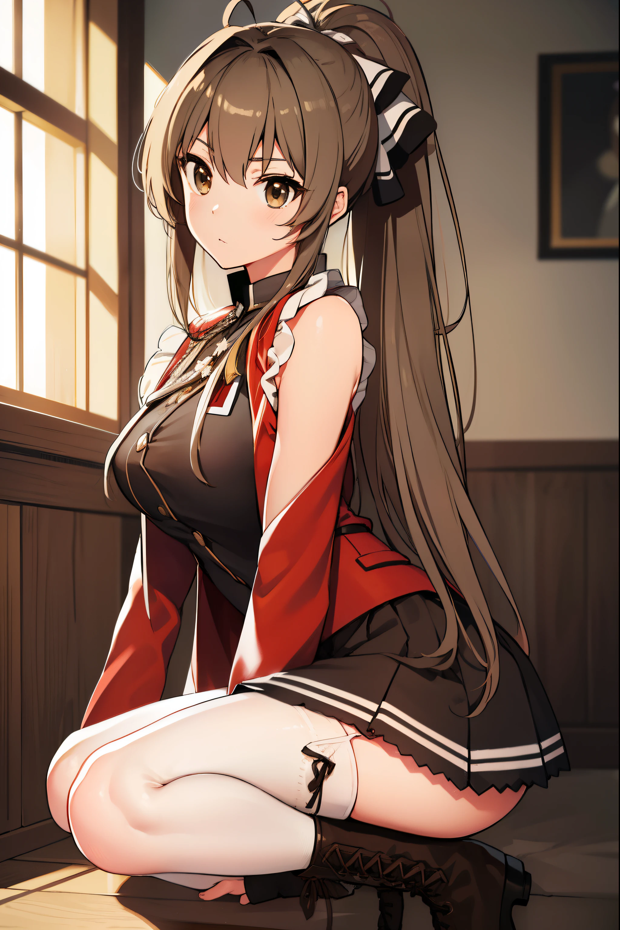 isuzusento, isuzu sento, ahoge, (brown eyes:1.7), light brown hair, long hair, ponytail, hair ribbon, ribbon, (medium breast:1.2),
BREAK aiguillette, ankle boots, black ribbon, black skirt, boots, brown footwear, cross-laced footwear, frilled skirt, frills, jacket, lace-up boots, military, military uniform, pleated skirt, (red jacket:1.5), skirt, thighhighs, uniform, white thighhighs, white ribbon, buttons, (sleeveless:1.5),
BREAK looking at viewer,
BREAK indoors, classroom,
BREAK (masterpiece:1.2), best quality, high resolution, unity 8k wallpaper, (illustration:0.8), (beautiful detailed eyes:1.6), extremely detailed face, perfect lighting, extremely detailed CG, (perfect hands, perfect anatomy),