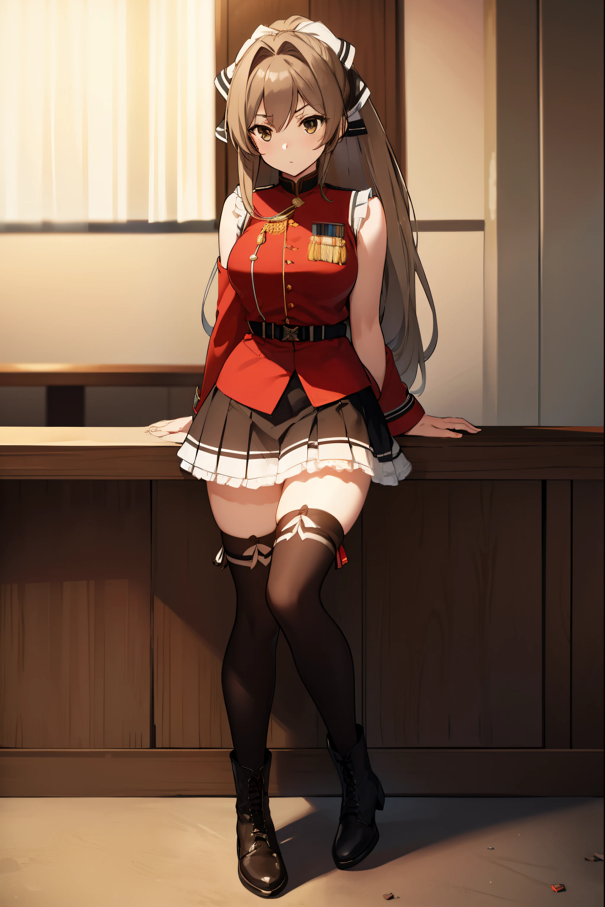 isuzusento, isuzu sento, ahoge, (brown eyes:1.7), light brown hair, long hair, ponytail, hair ribbon, ribbon, (medium breast:1.2),
BREAK aiguillette, ankle boots, black ribbon, black skirt, boots, brown footwear, cross-laced footwear, frilled skirt, frills, jacket, lace-up boots, military, military uniform, pleated skirt, (red jacket:1.5), skirt, thighhighs, uniform, white thighhighs, white ribbon, buttons, (sleeveless:1.5),
BREAK looking at viewer,
BREAK indoors, classroom,
BREAK (masterpiece:1.2), best quality, high resolution, unity 8k wallpaper, (illustration:0.8), (beautiful detailed eyes:1.6), extremely detailed face, perfect lighting, extremely detailed CG, (perfect hands, perfect anatomy),