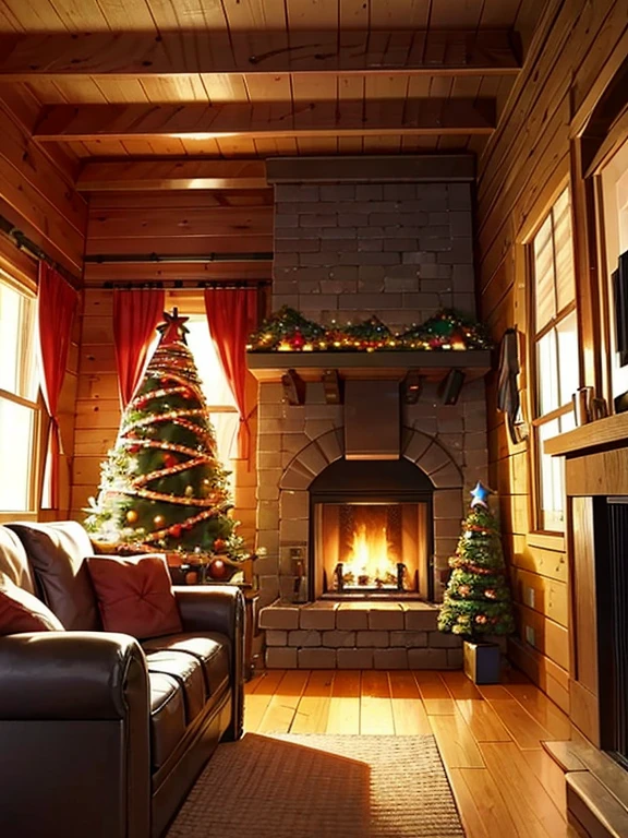 living room of a cabin in front of the chimney Christmas decorations throughout the room, center table in front of the fireplace with 2 mug type cups of hot chocolate, you can see the smoke of chocolate leaving the cups, a festive atmosphere and festive atmosphere and warm light waiting for the arrival of the New Year