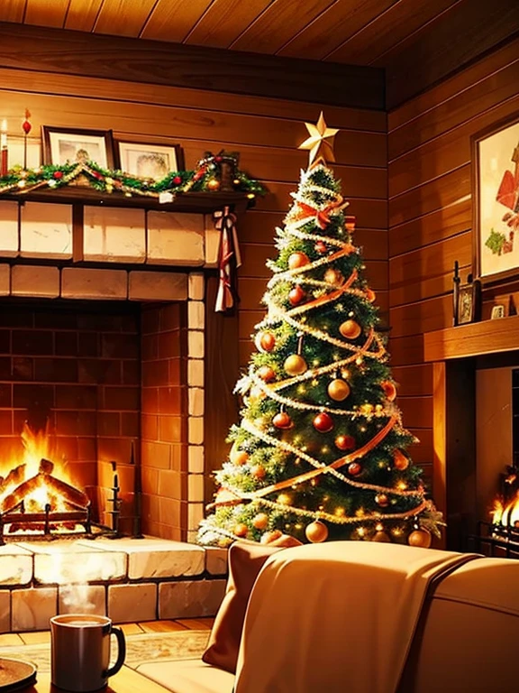living room of a cabin in front of the chimney Christmas decorations throughout the room, center table in front of the fireplace with 2 mug type cups of hot chocolate, you can see the smoke of chocolate leaving the cups, a festive atmosphere and festive atmosphere and warm light waiting for the arrival of the New Year