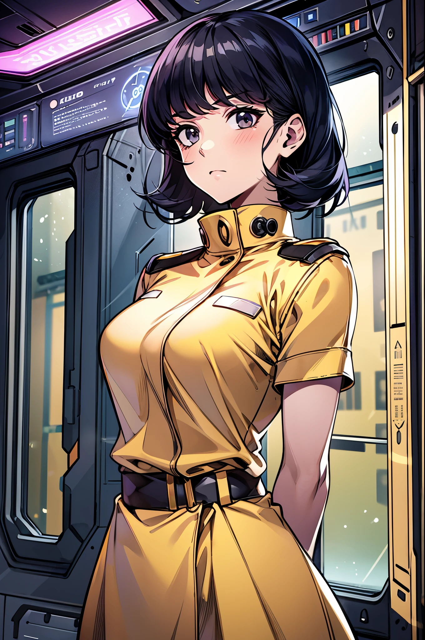 8k,(masterpiece:1.4)(best quality:1.4),(top quality), 1girl,fayuiry,black hair, black eyes, yellow dress,  uniform, inside spaceship, galaxy, window ,indoors,   looking at viewer,  solo focus,(shiny skin),steaming body ,