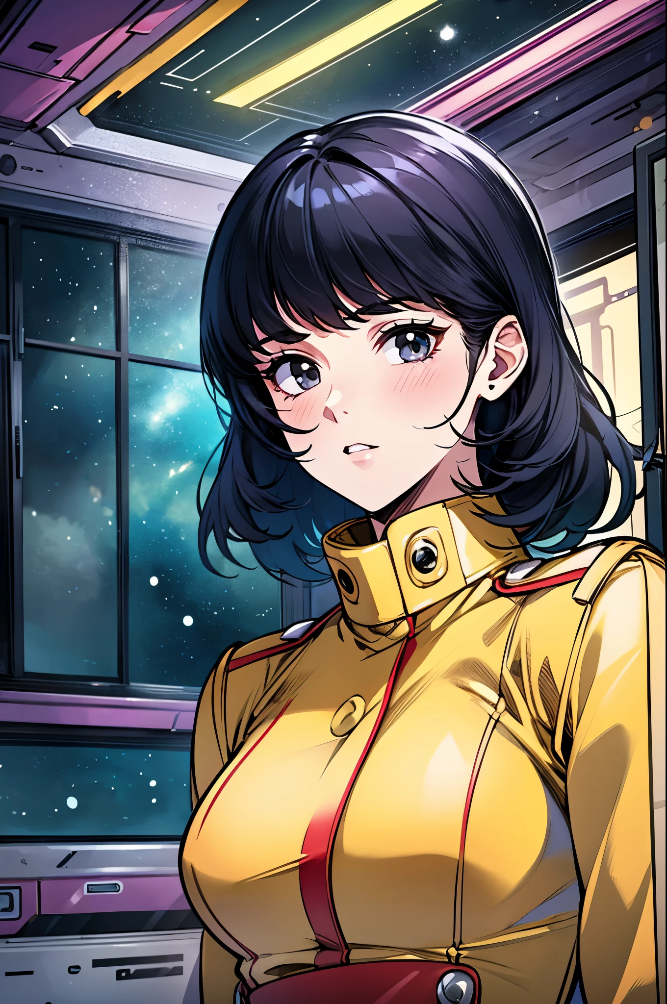 8k,(masterpiece:1.4)(best quality:1.4),(top quality), 1girl,fayuiry,black hair, black eyes, yellow dress,  uniform, inside spaceship, galaxy, window ,indoors,   looking at viewer,  solo focus,(shiny skin),steaming body ,