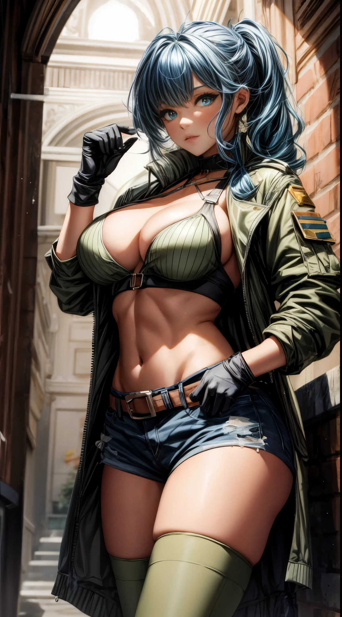 ((masterpiece:1.3)), Best quality at best, A high resolution, 1girll, Leona Hydorn, Blue hair, eBlue eyes, pony tails, green shorts, cleavage,hason, Crop top, Black gloves, nedium breasts, army suit, Green jacket, 耳Nipple Ring, jewelry, nabel, musculature, cow boy shot, more detail, high detailed.