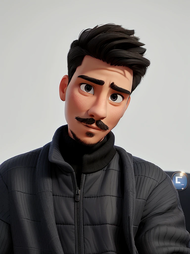 Young man in black clothing, with a turtleneck sweater and a jacket with a mustache and a goatee