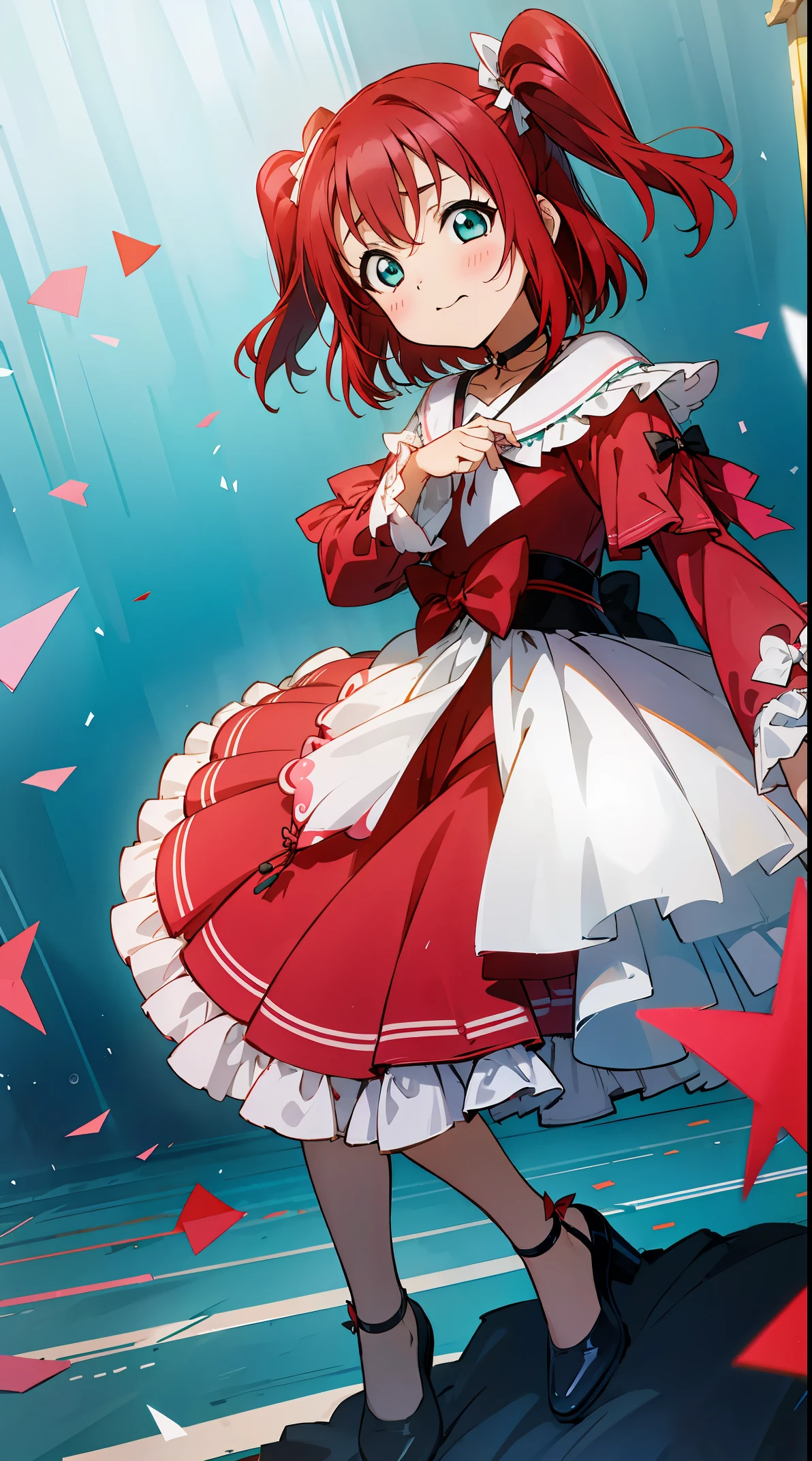 Ruby kurosawa, aqua eyes, medium hair, red hair, two side up, twintails, lo dress, long dress, layered dress, choker, bow, long sleeves