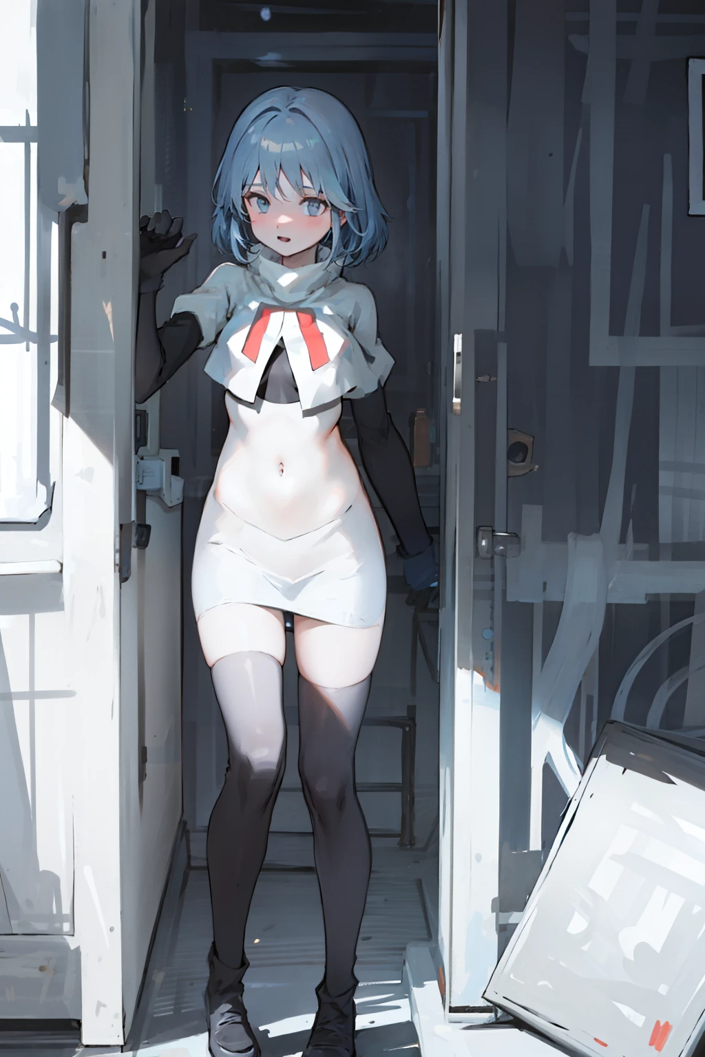 master piece、1人、独奏、Blue-haired、short-haired、Hair intake、a navel,Heart-shaped pupil、White hair, team rocket,team rocket uniform,white skirt,red letter R,crop top,black thigh-highs,black elbow gloves