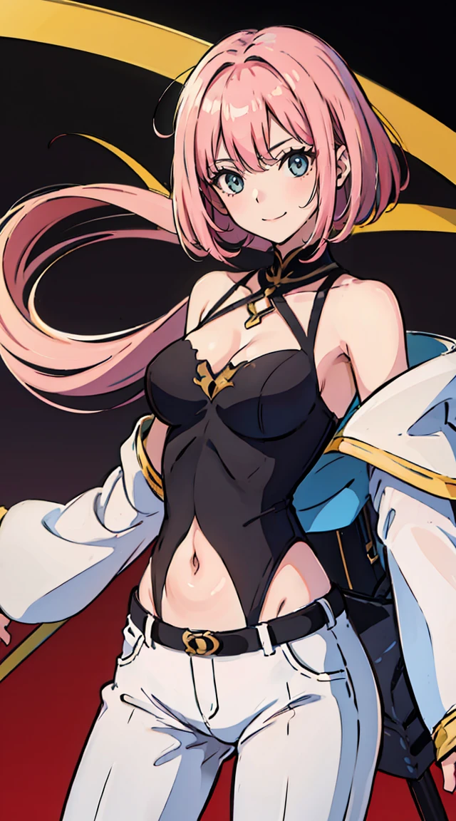 alta, longos cabelos brancos, orelhas de gato, olhos azuis, armadura de couro, Mangas, barriga aberta, Pants, Sorriso, uma espada, master part, Hiqualidade