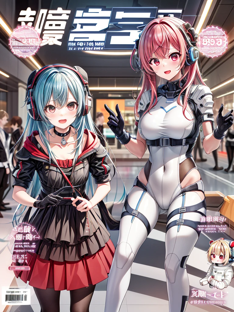 top-quality、masuter piece、covers、2girls、(White spacesuit)、(a blond):1.5、(Futuristic, tight-fitting bodysuit)、head phone、Cyberpunk spaceship interior background、masterpiece、top-quality、