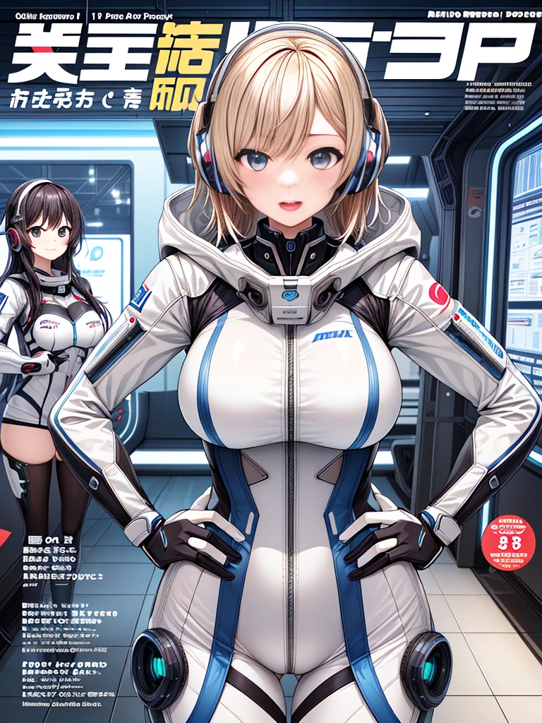 top-quality、Magazine Viewing、magazine title、fashion magazine、masuter piece、covers、2girls、(White spacesuit)、(a blond):1.5、(Futuristic, tight-fitting bodysuit)、head phone、Cyberpunk spaceship interior background、​masterpiece、top-quality、