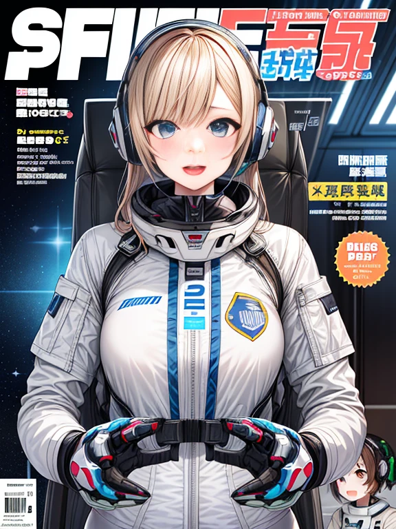 top-quality、Magazine Viewing、magazine title、fashion magazine、masuter piece、covers、2girls、(White spacesuit)、(a blond):1.5、(Futuristic, tight-fitting bodysuit)、head phone、Cyberpunk spaceship interior background、masterpiece、top-quality、