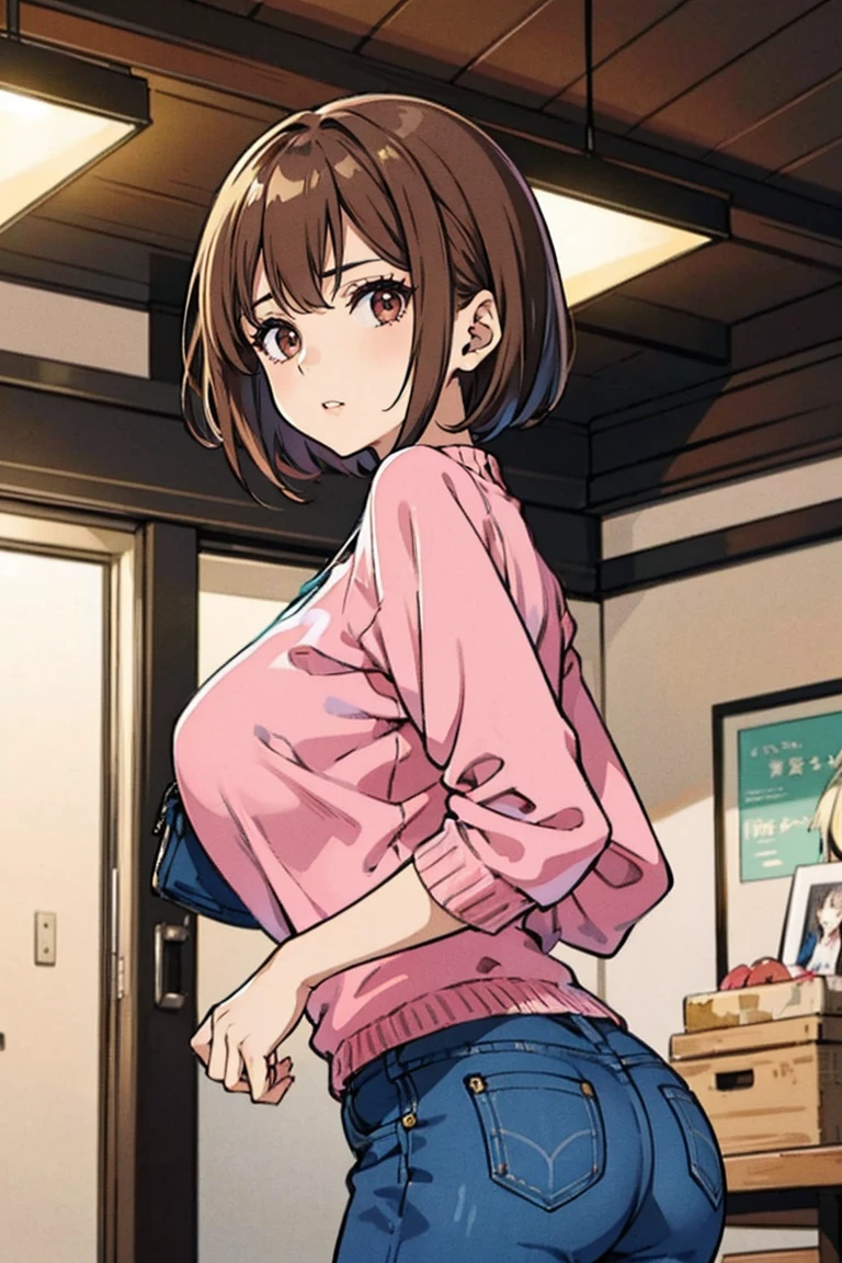 Yuu Ohta, brown hair, short hair, olhos castanhos, pink sweater, fora da camisa de ombro, saia azul, colar, seios grandes, clivagem, inclinando-se para a frente