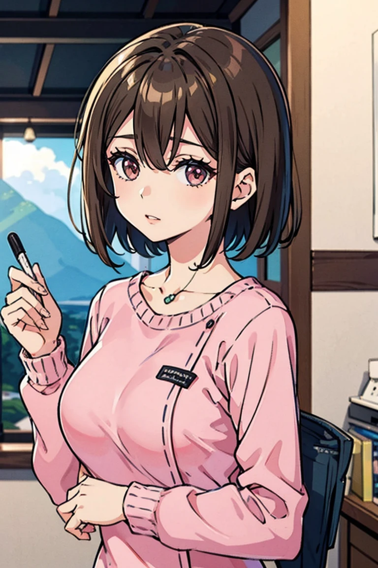 Yuu Ohta, brown hair, short hair, olhos castanhos, pink sweater, fora da camisa de ombro, saia azul, colar, seios grandes, clivagem, inclinando-se para a frente