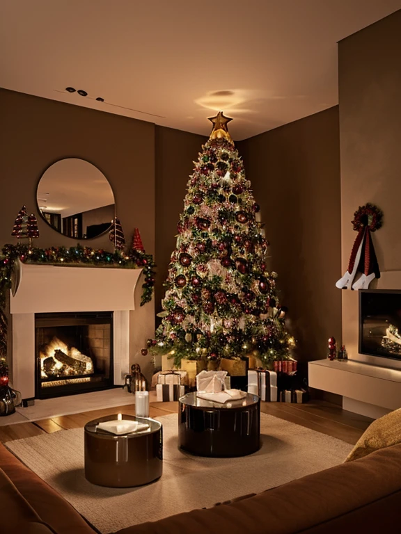 (Masterpiece, high quality, Best quality, Official Art, Beauty and Aesthetics:1.2) living room of a cabin in front of the chimney Christmas decorations throughout the room, center table in front of the fireplace with 2 mug type cups of hot chocolate, you can see the smoke of chocolate leaving the cups, a festive atmosphere and festive atmosphere and warm light waiting for the arrival of the New Year