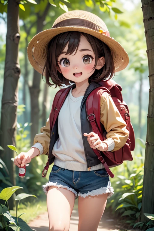 A ten-year-old girl named Julia, with honey-colored eyes, brown hair, fair complexion, dressed in adventure clothes, such as a hat, jacket, shorts and boots. She has a backpack with some useful objects, such as a compass, a flashlight and a map. His expression is one of joy and curiosity. The style of the image is similar to that of the Pixar films, but with a more childlike and cartoonish look.