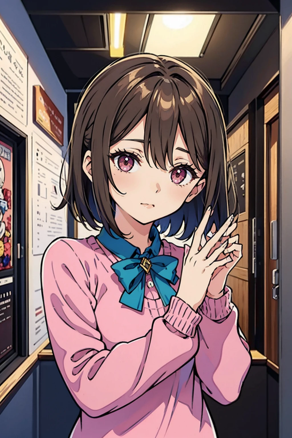 Yuu Ohta, brown hair, short hair, olhos castanhos, pink sweater, fora da camisa de ombro, saia azul, colar, seios grandes, clivagem, inclinando-se para a frente