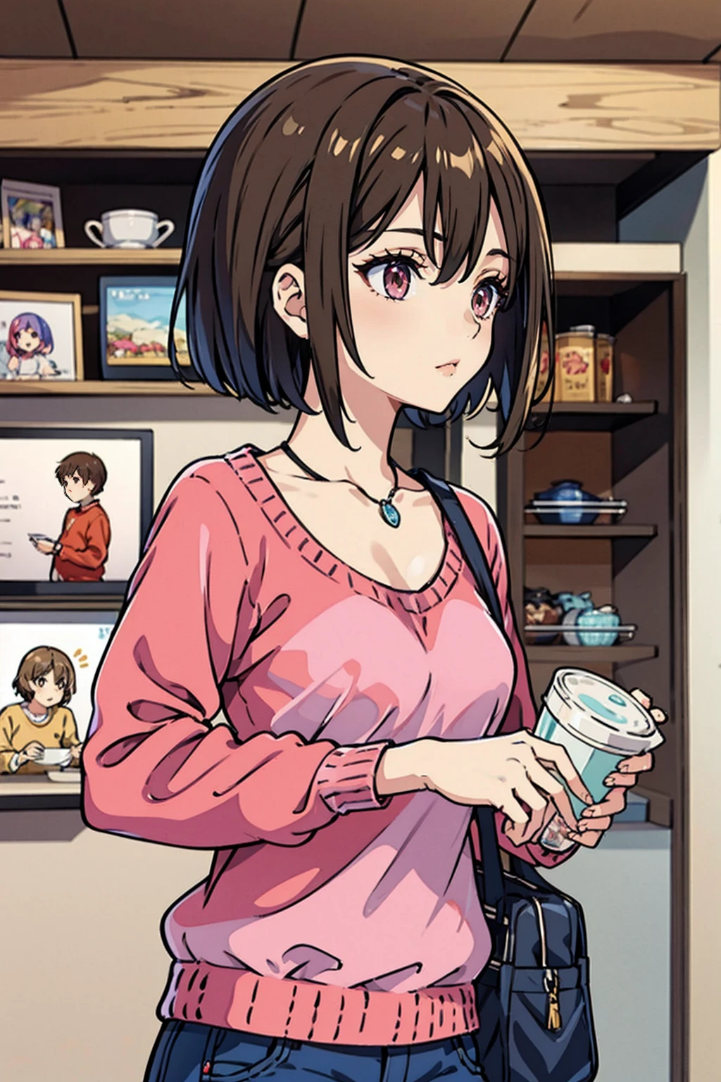 Yuu Ohta, brown hair, short hair, olhos castanhos, pink sweater, fora da camisa de ombro, saia azul, colar, seios grandes, clivagem, inclinando-se para a frente