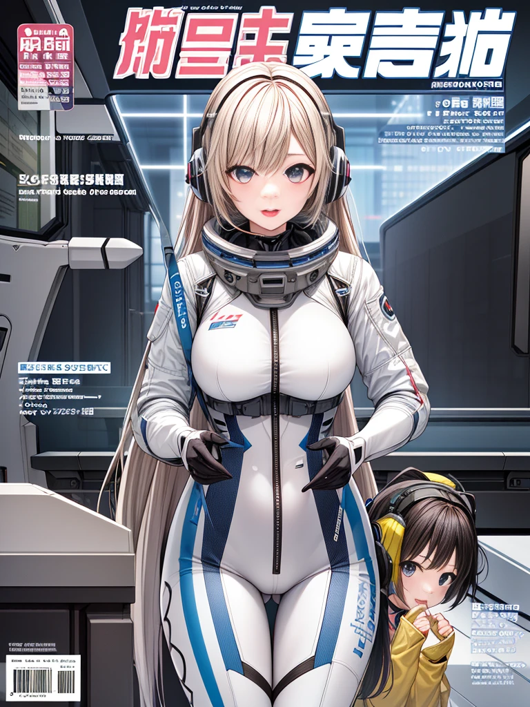top-quality、Magazine Viewing、magazine title、fashion magazine、masuter piece、covers、2girls、(White spacesuit)、(a blond):1.5、(Futuristic, tight-fitting bodysuit)、head phone、Cyberpunk spaceship interior background、masterpiece、top-quality、