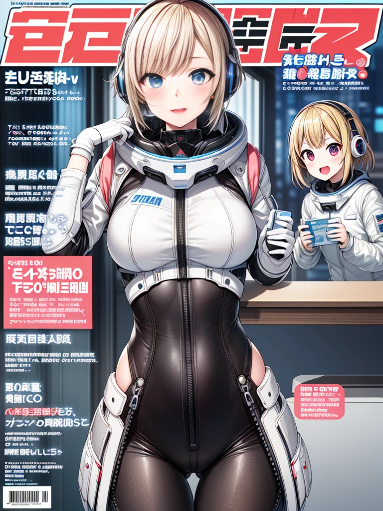 top-quality、Magazine Viewing、magazine title、fashion magazine、masuter piece、covers、2girls、(White spacesuit)、(a blond):1.5、(Futuristic, tight-fitting bodysuit)、head phone、Cyberpunk spaceship interior background、masterpiece、top-quality、