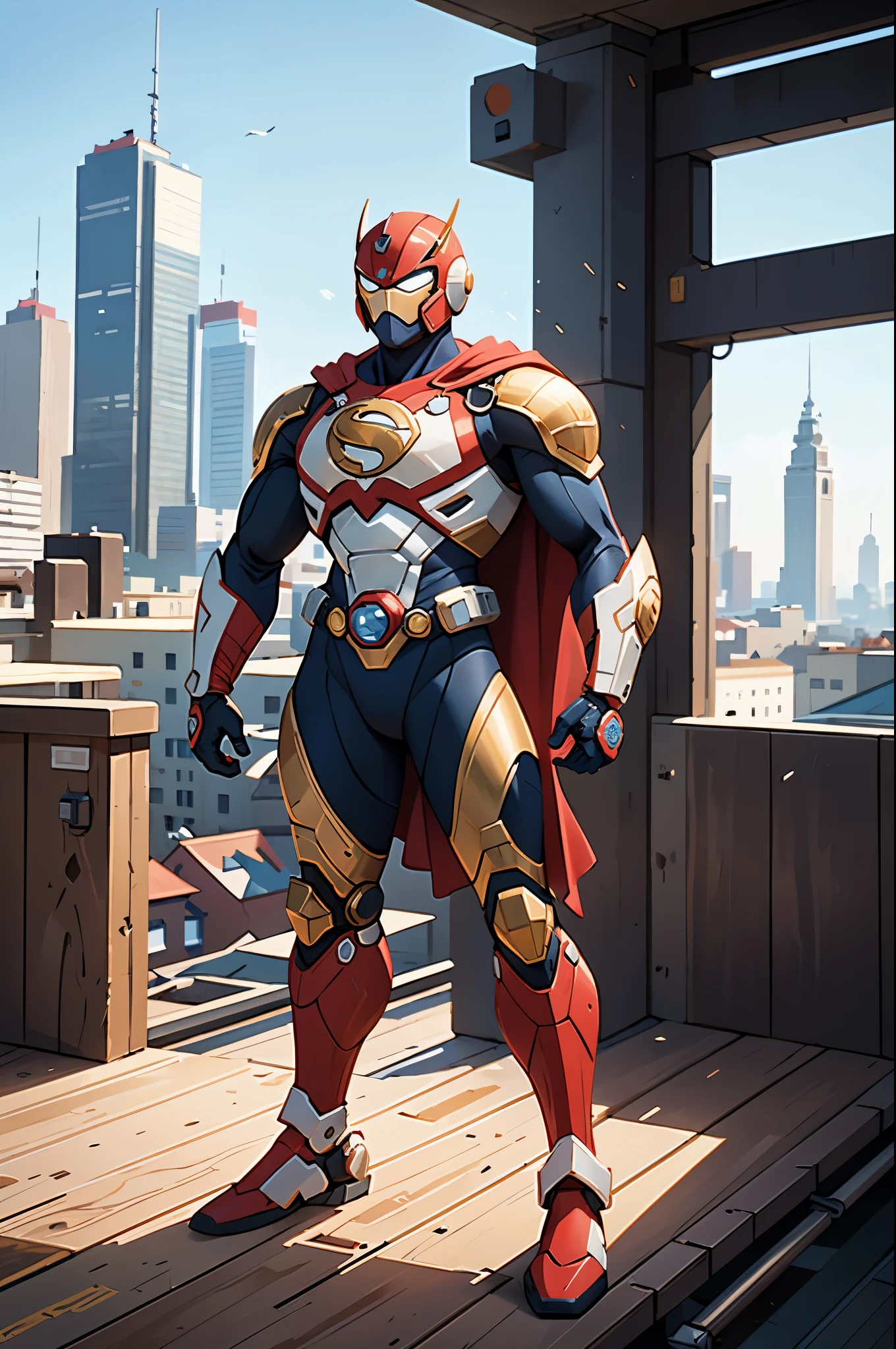 A superhero, a high-tech biotech battle suit, standing on a rooftop, looking over the city, Japanese tokusatsu and American comic style, biometallic texture of the suit, sleek and shiny, dynamic, metallic, sophisticated design, high definition, best quality, highres, ultra-detailed, ultra-fine painting, exquisite and mature, extremely delicate, professional, anatomically correct, creativity, UHD, HDR, 32k, Natural light, cinematic lighting, best shadow, masterpiece-anatomy-perfect, masterpiece