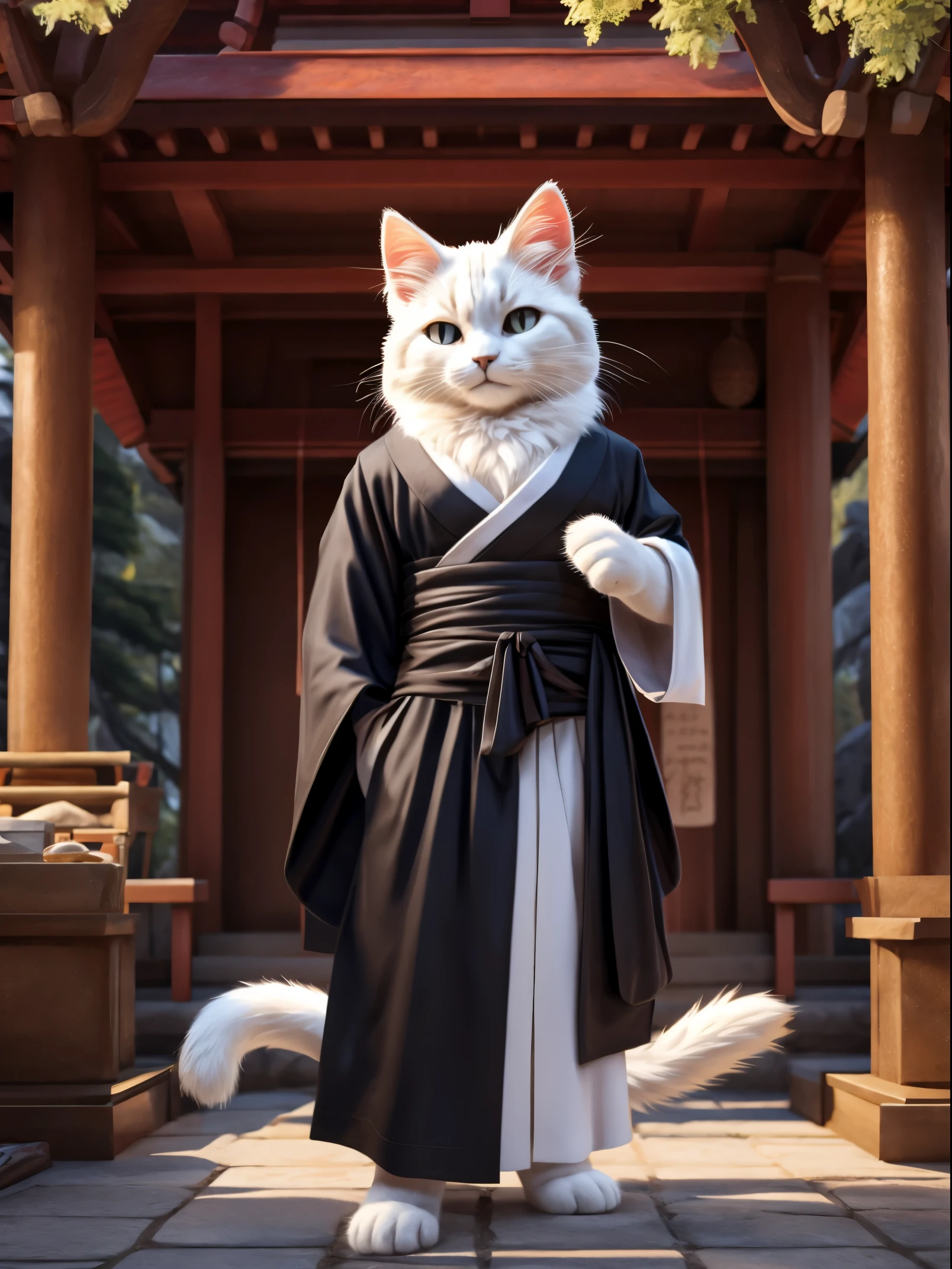 A white cat wearing a black hakama is standing at a shrine、独奏、