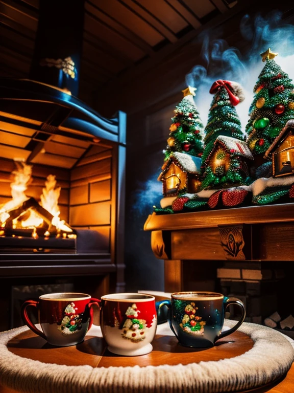 (Masterpiece, high quality, Best quality, Official Art, Beauty and Aesthetics:1.2) living room of a cabin in front of the chimney Christmas decorations throughout the room, center table in front of the fireplace with 2 mug type cups of hot chocolate, you can see the smoke of chocolate leaving the cups, a festive atmosphere and festive atmosphere and warm light waiting for the arrival of the New Year
