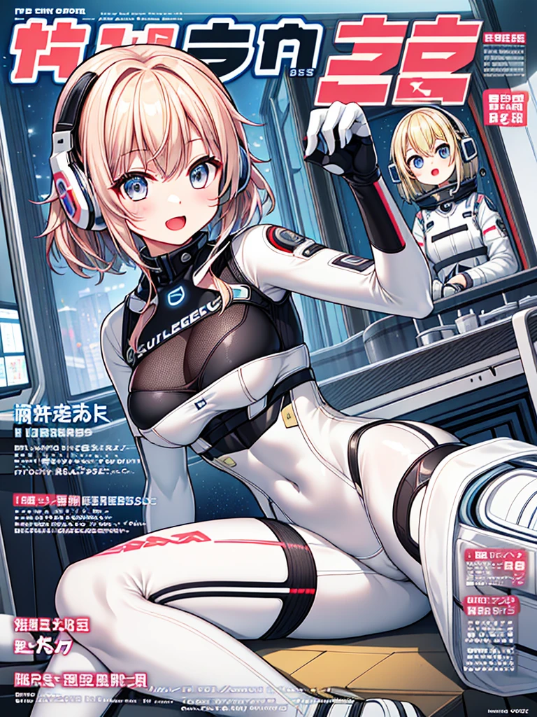 top-quality、Magazine Viewing、magazine title、fashion magazine、masuter piece、covers、2girls、(White spacesuit)、(a blond):1.5、(Futuristic, tight-fitting bodysuit)、head phone、Cyberpunk spaceship interior background、masterpiece、top-quality、