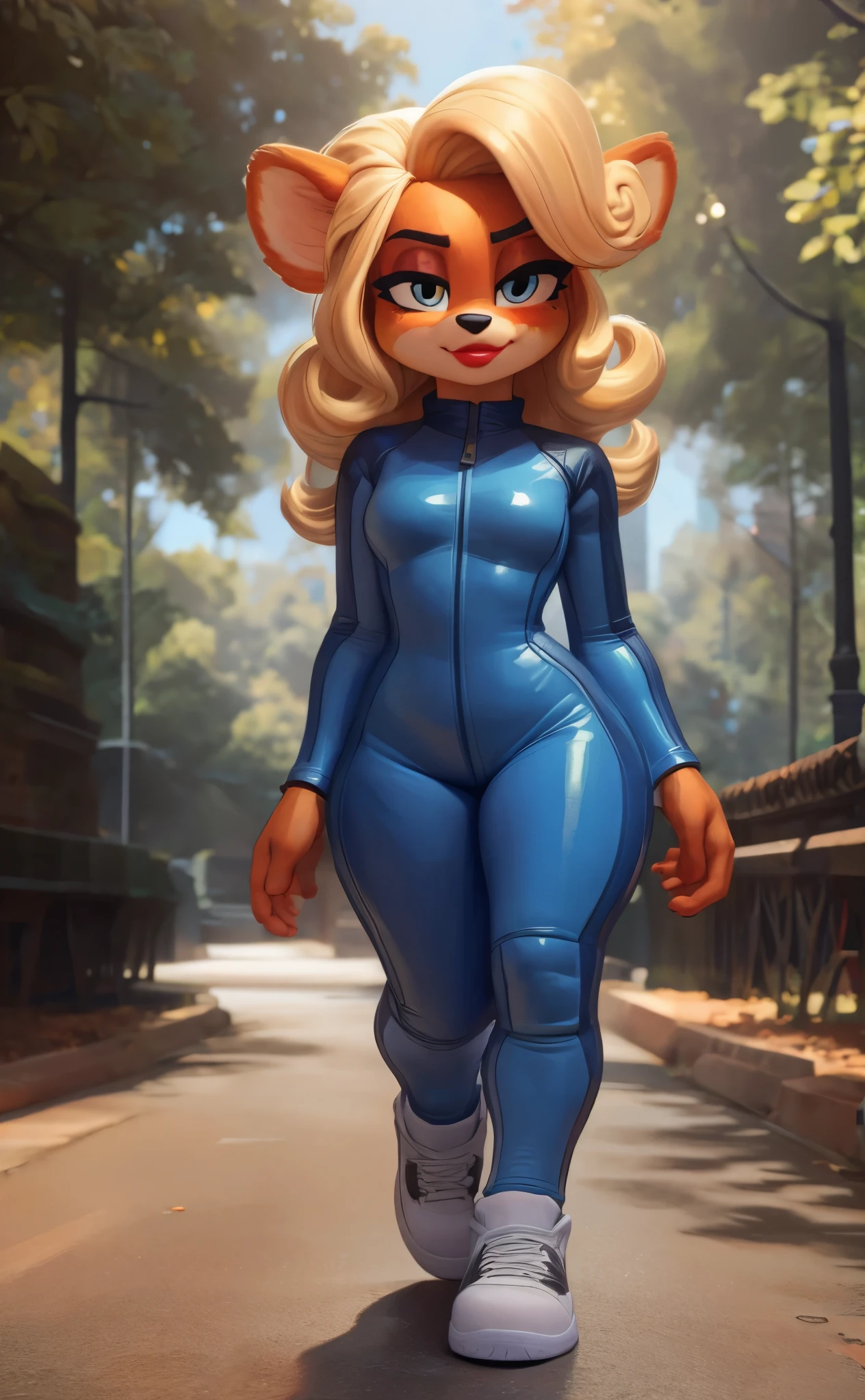 [Isabella Bandicoot], [Crash Team Racing Nitro Fueled], [Uploaded to e621.net; (Pixelsketcher), (wamudraws)], ((masterpiece)), ((HD)), ((high res)), ((solo portrait)), ((feet visible)), ((furry; anthro)), ((detailed fur)), ((detailed shading)), ((beautiful render art)), {anthro; orange fur, black nose, (long curly blonde hair), (hair bang), (cute cyan eyes), (half-closed eyes), (short eyelashes), (beautiful mark on cheek), (red lipstick), (medium boobs), (curvy hips), (beautiful lips), (beautiful legs), (blushing), (smug smirk)}, {(blue long sleeve zip-up bodysuit), (white sneakers)}, {(standing), (hands behind back), (looking at viewer)}, [background; (park), (trees), (beaten path), (blue sky), (sun rays), (ambient lighting)]