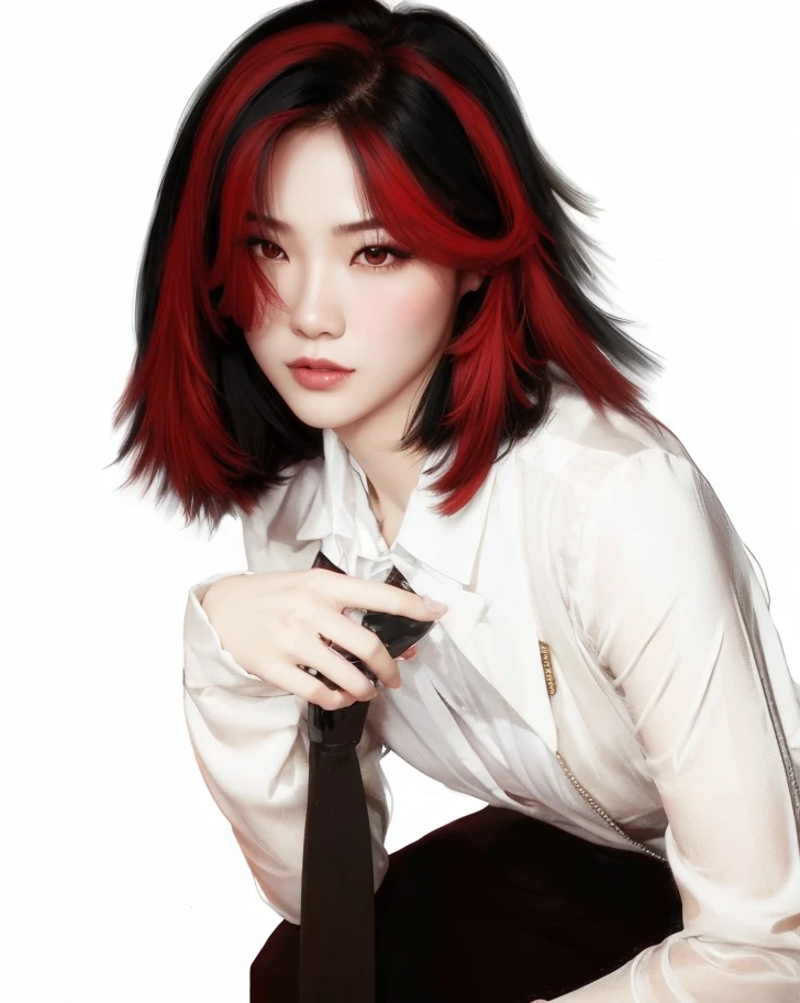 Sexy and dominant Asian woman in suit, cabello negro con rojo, maquillaje marcado y rubor, ojos claros y sumamente seductora y hermosa