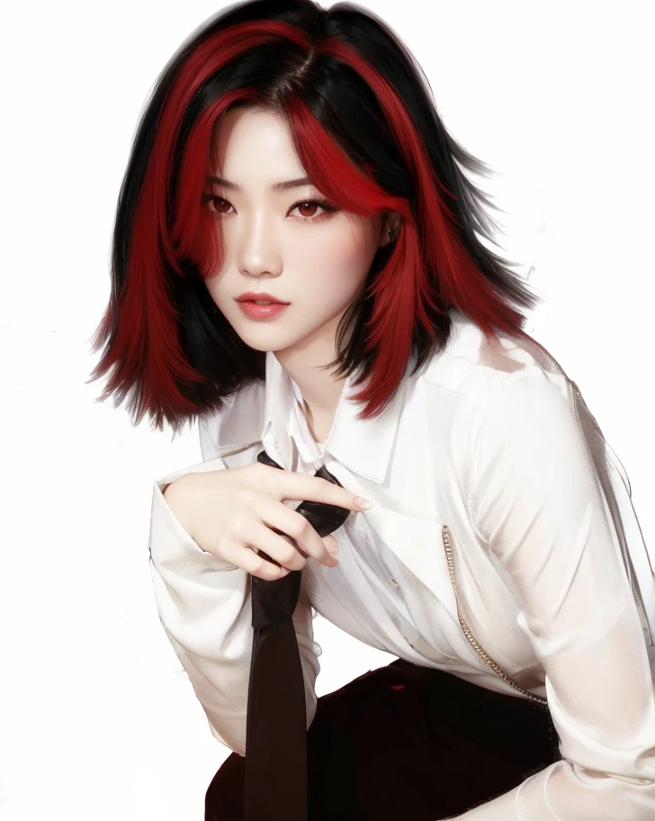 Sexy and dominant Asian woman in suit, cabello negro con rojo, maquillaje marcado y rubor, ojos claros y sumamente seductora y hermosa