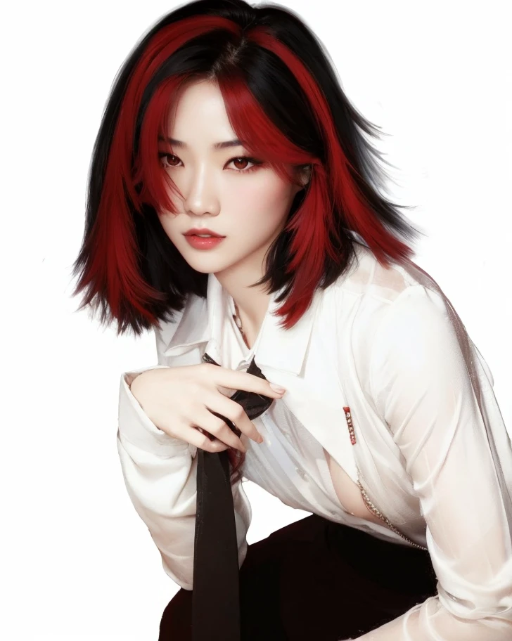 Sexy and dominant Asian woman in suit, cabello negro con rojo, maquillaje marcado y rubor, ojos claros y sumamente seductora y hermosa