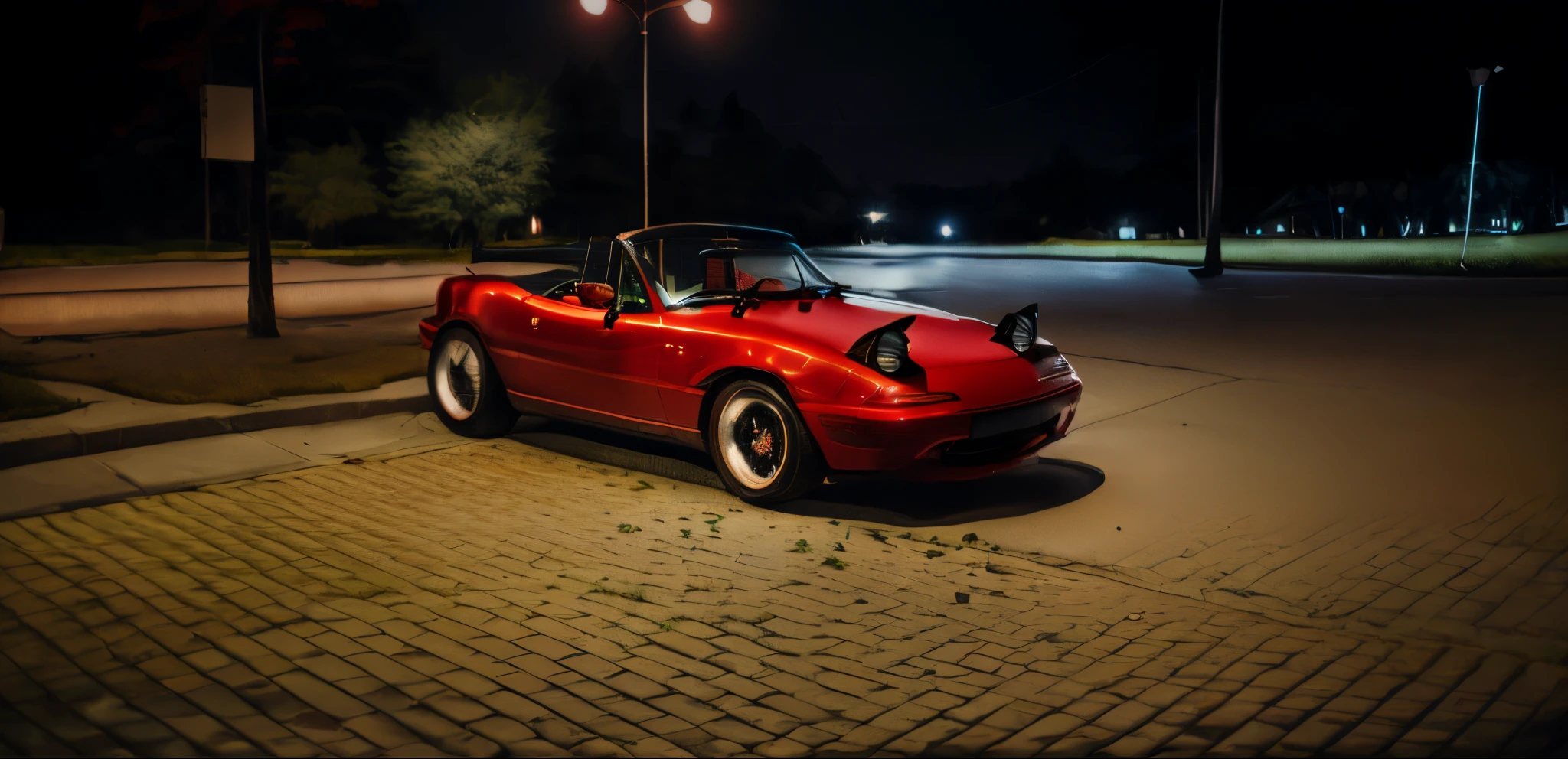 there is a red sports car parked on the side of the road, roadster, soft top, soft rim light, wide body, profile shot, lowres, mid shot portrait, convertable, front lit, front profile!!!!, sideview, convertible, night shot, looking from side!, right side profile, wideshot, lowshot, left profile, nighttime!