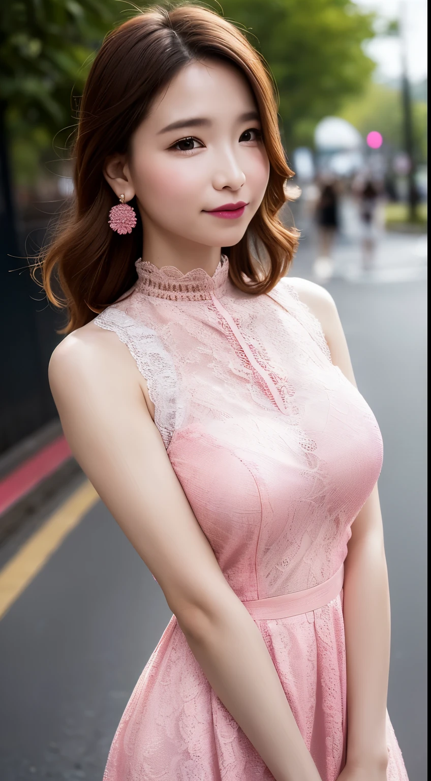 a woman posing on the street corner with pink dress on, best quality, high res, 8k, 1girl, (huge breasts), day, bright, outdoor, (street:0.8), (people, crowds:1), (lace-trimmed dress:1.5, pink clothes:1.5, pink high-neck dress:1.5, sleeveless dress, pink dress: 1.5), gorgeous, (medium hair), beautiful detailed sky, beautiful earrings, (dynamic pose:0.8), (upper body:1.2), soft lighting, wind, shiny skin, looking at viewer,